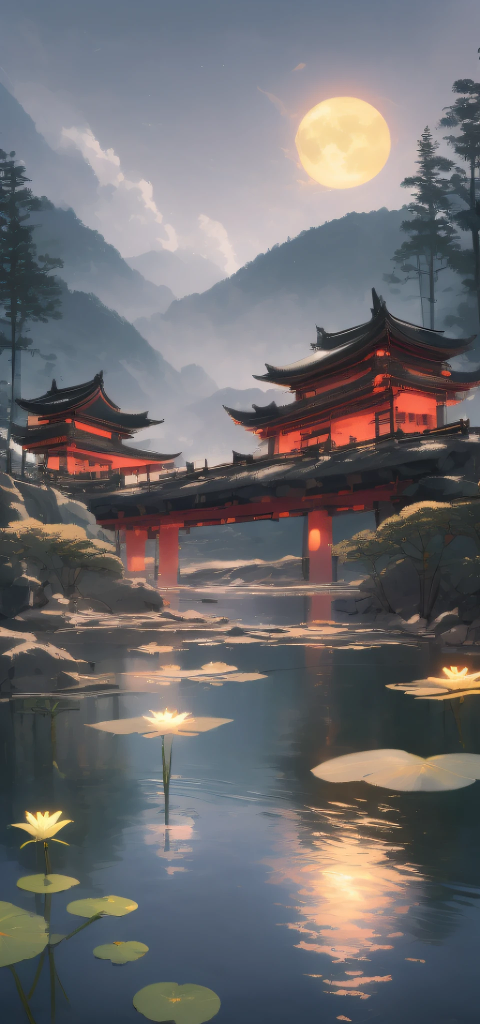 masterpiece, best quality, Chinese martial arts style, an Asian night scene with lanterns and water lilies, Asian lagoon with lanterns and boats night scene with many lights and boats on the water, lake surface, lotus flowers, beautiful night scene, ((Chinese martial arts style)))), with vast sky, continuous mountains and steep cliffs, inkwashing style, contour light, atmospheric atmosphere, depth of field, rising mist, bamboo, pine trees, octagonal stone pavilion, waterfall running water, large full moon, (No color), Monochrome, light color,