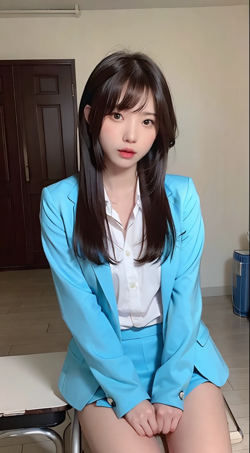 top Quority, realisticlying, 8K, k hd, 1 rapariga, Female Student, (1.8), schools, Female Student, blazer jacket, 校服,Visible nipple, with no underpants, The skirt is boldly pulled up, ((sit on chair,legs are open)), bend the knees and open the legs, The hairstyle is slightly shorter, Buttoned shirt flutters