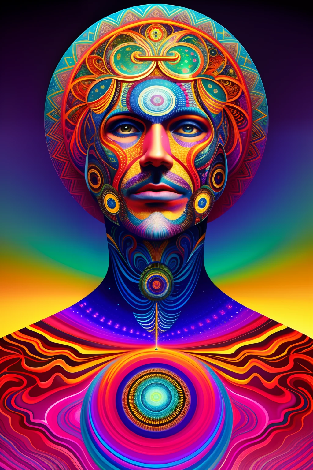 a painting of a giant head with a lot of ordinary things, psychedelic surreal art, estilo dan mumford e alex grey, psychedelic illustration, hyper detailed visionary art, Hyper Visionary Art - Detailed, psychedelic artwork, surreal + altamente detalhado, arte digital altamente detalhada 4k, arte psytrance, Directed by: Justino Geraldo, arte digital detalhada 4K, Arte Trippy, Surreal psychedelic design, desenho camiseta