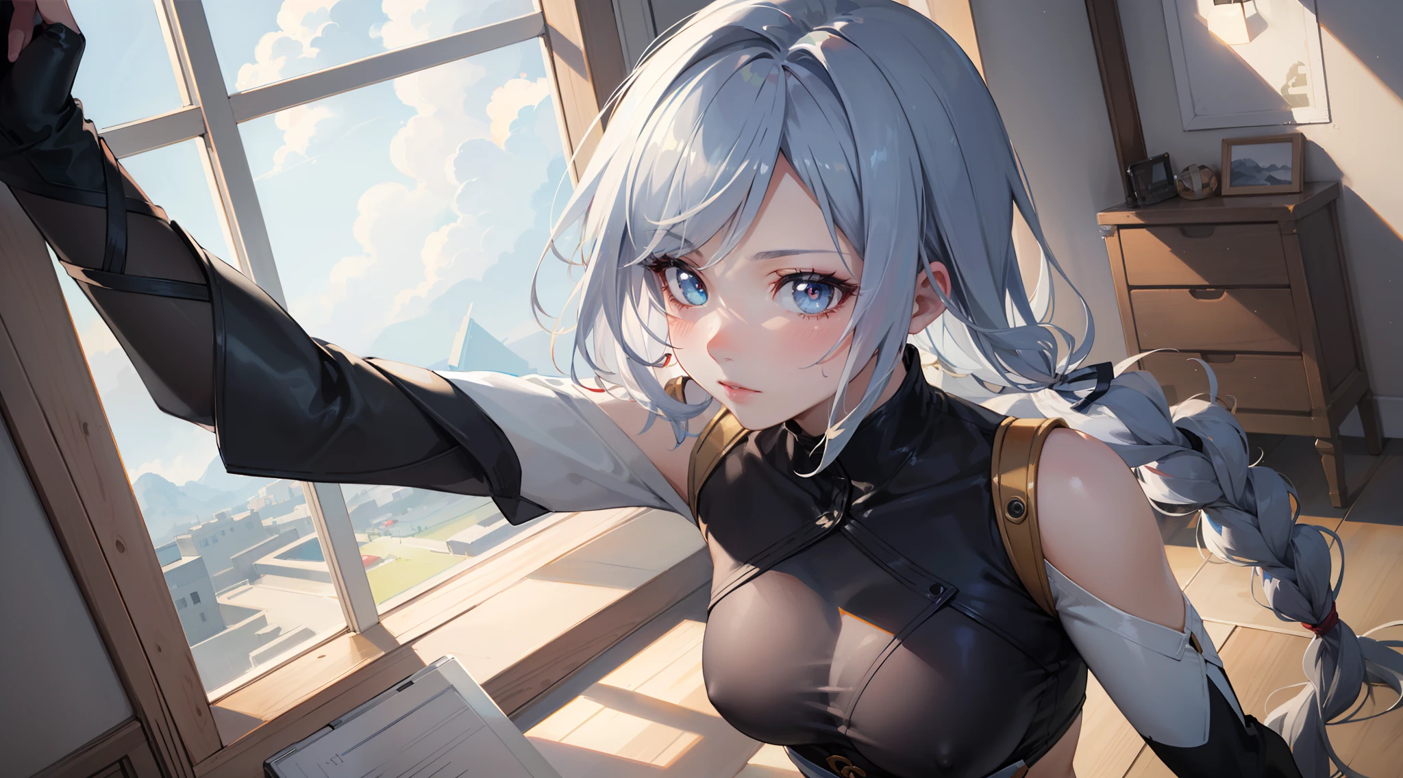 electrician girl, electrician suit, upper body, seductive look, blush, indoors, in office, looking at viewer, cloudy, moody lighting, (perfect detail eyes:1.2), glowing eyes, (long hair one braid:1.2), elemental skill effect, (Masterpiece, Best Quality, High Quality:1.4), professional artwork, Intricate Details, field of view, sharp focus, detailed painting, photorealistic lighting, trending on pixiv, (vivid lighting, vibrant colors:1.05), realistic shadows, ambient occlusion, (athletic body:1.3), mature woman, 30yo, shenhe, hyperdetail eyes, beautiful eyes, (((solo:1.4))), semi-realistic hair