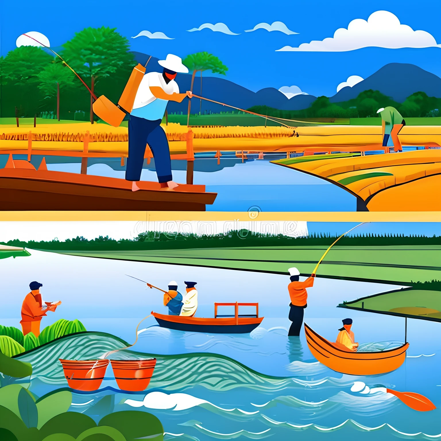 Fishing scenes，Gangnam scenery，Farmers catch big fish in the Gan River to make delicious canned fish，Flat mosaic line illustration style