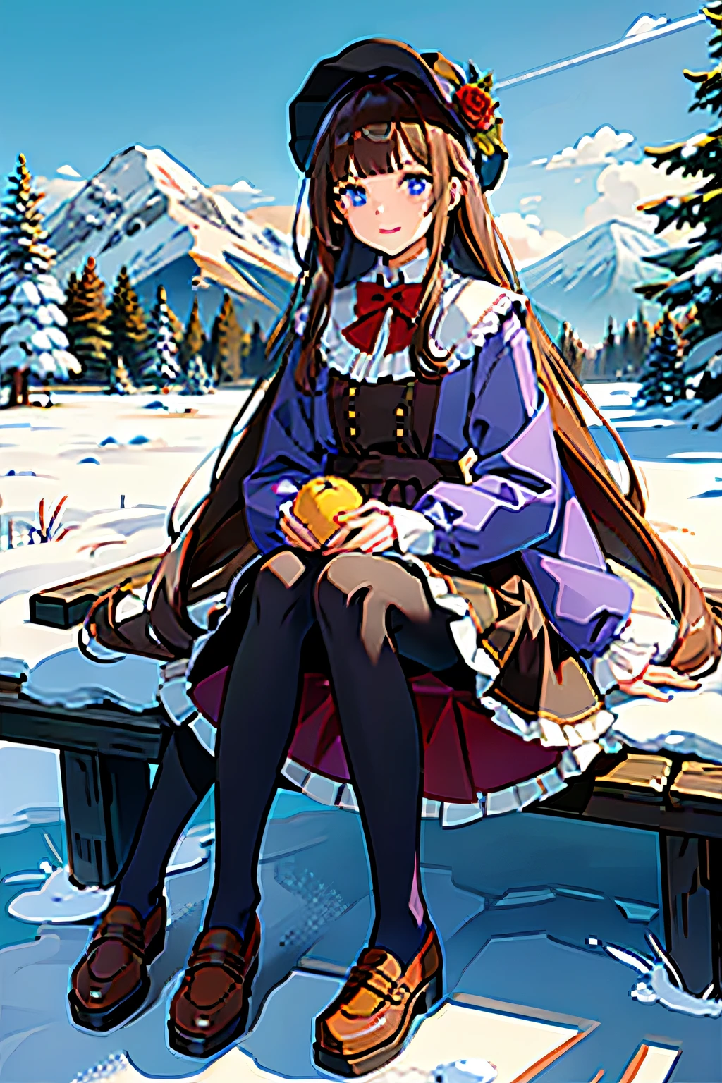 masterpiece, best quality, winter, snow field,
1girl, bangs, blue eyes, blunt bangs, bonnet, brown footwear, brown hair, dress, frills, fruit, full body, hat, long hair, long sleeves, looking at viewer, pantyhose, purple dress, red flower, red rose, rose, shoes, sitting, solo,
sky, sun, mountain, forest, lake,