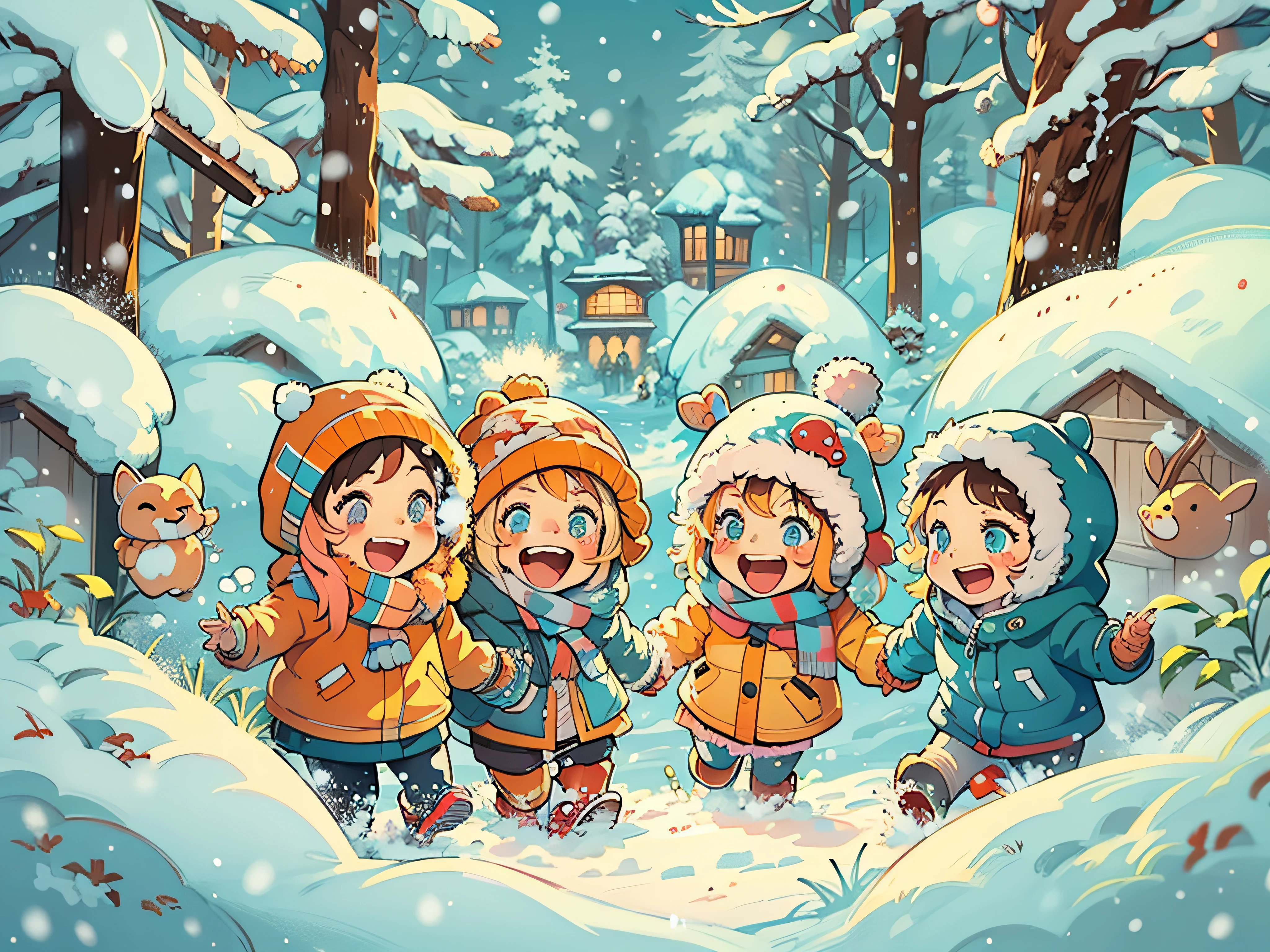 A group of children,Laughter and playfulness,Funny and ridiculous,Winter snow,A vivid two-dimensional style。