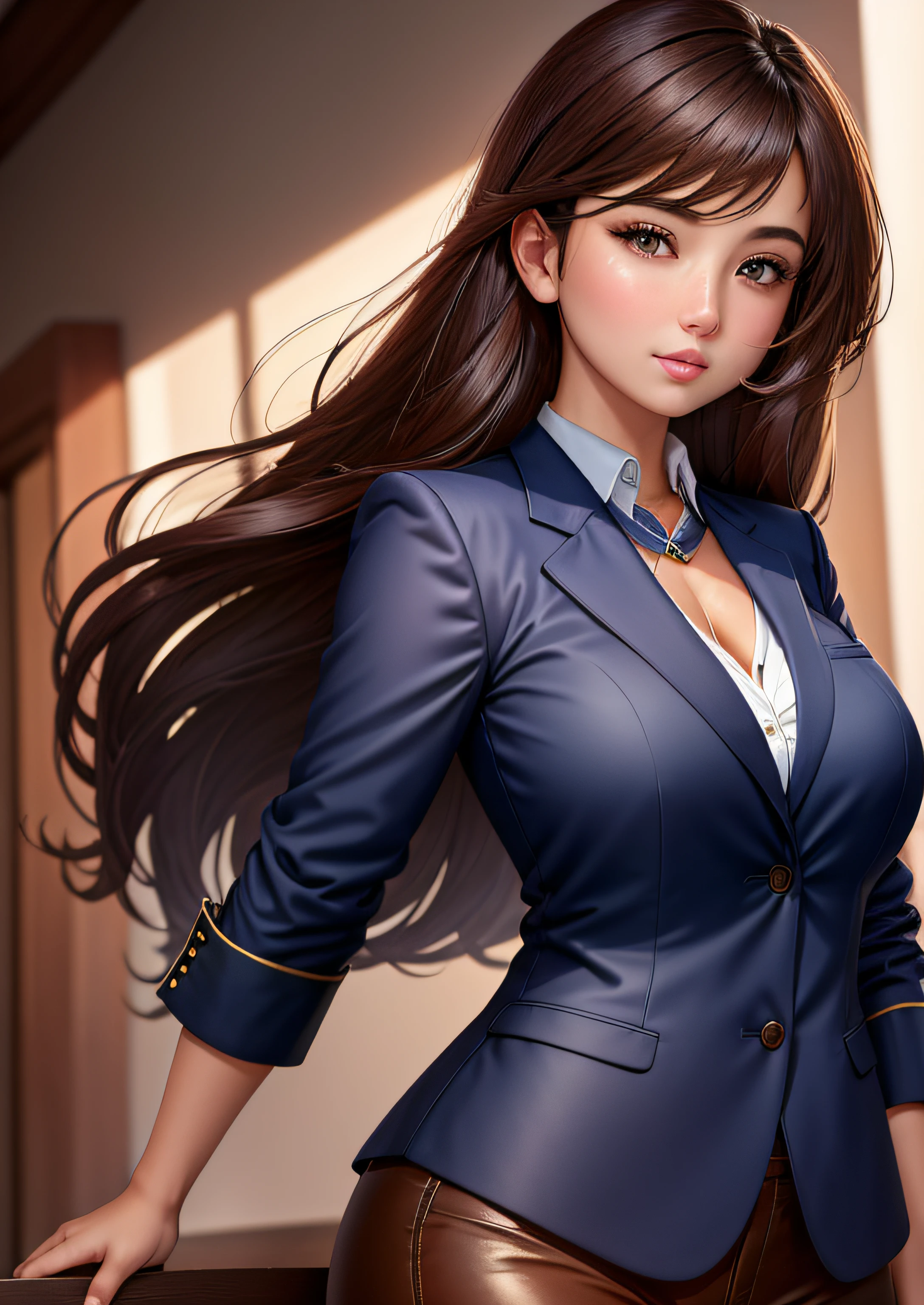 A girl wearing a navy blue shirt, beautiful sharp face, sexy business jacket, long brown hair, short-sighted, brown eyes, straight face, no background