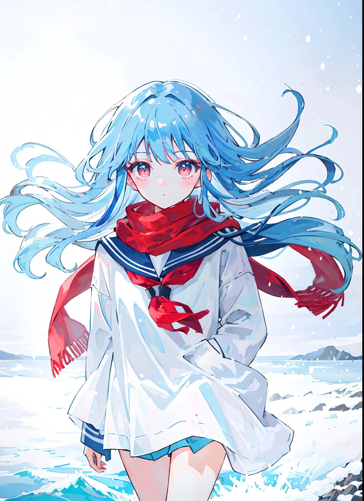 artistic photograph, Real light and shadow ，sea，snowstorm,((sailor suit)),1 beautiful girl，The upper part of the body,(((Long light blue hair))),Red eyes,(long hair),（Red scarf），windy