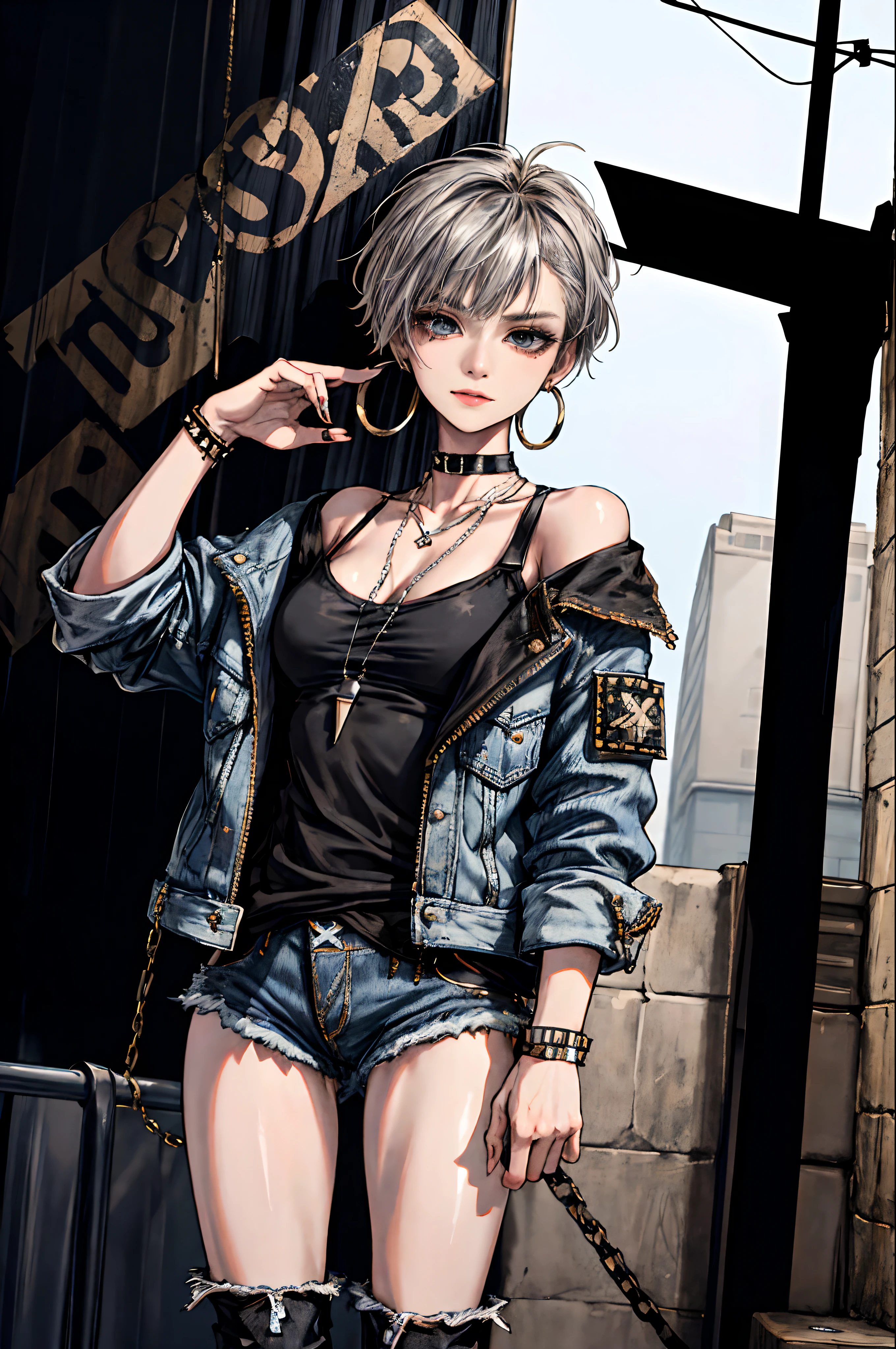 (masterpiece:1.2, best quality), (1lady, solo, upper body:1.2), Hair: buzz cut, Clothing: oversized, distressed denim jacket with patches and pins, paired with black skinny jeans and combat boots, Accessories: silver hoop earrings and a black choker necklace, Hanging out in an underground music venue or street art exhibit