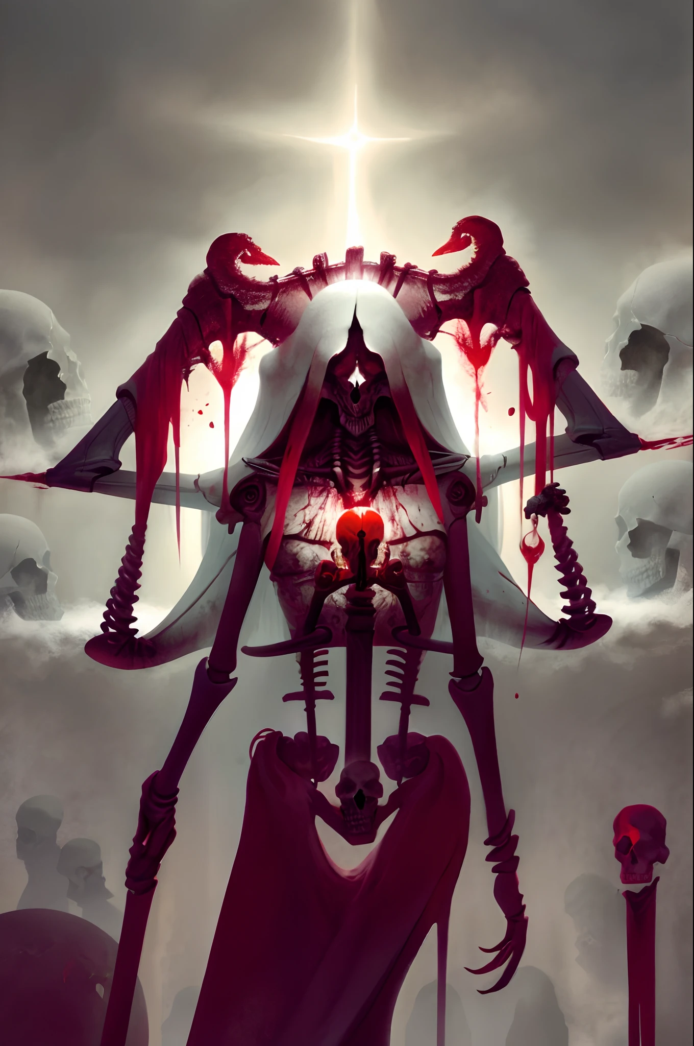 solo, holding, cloud, no_humans, blood, 1other, skull, monster, skeleton, holding_skull,