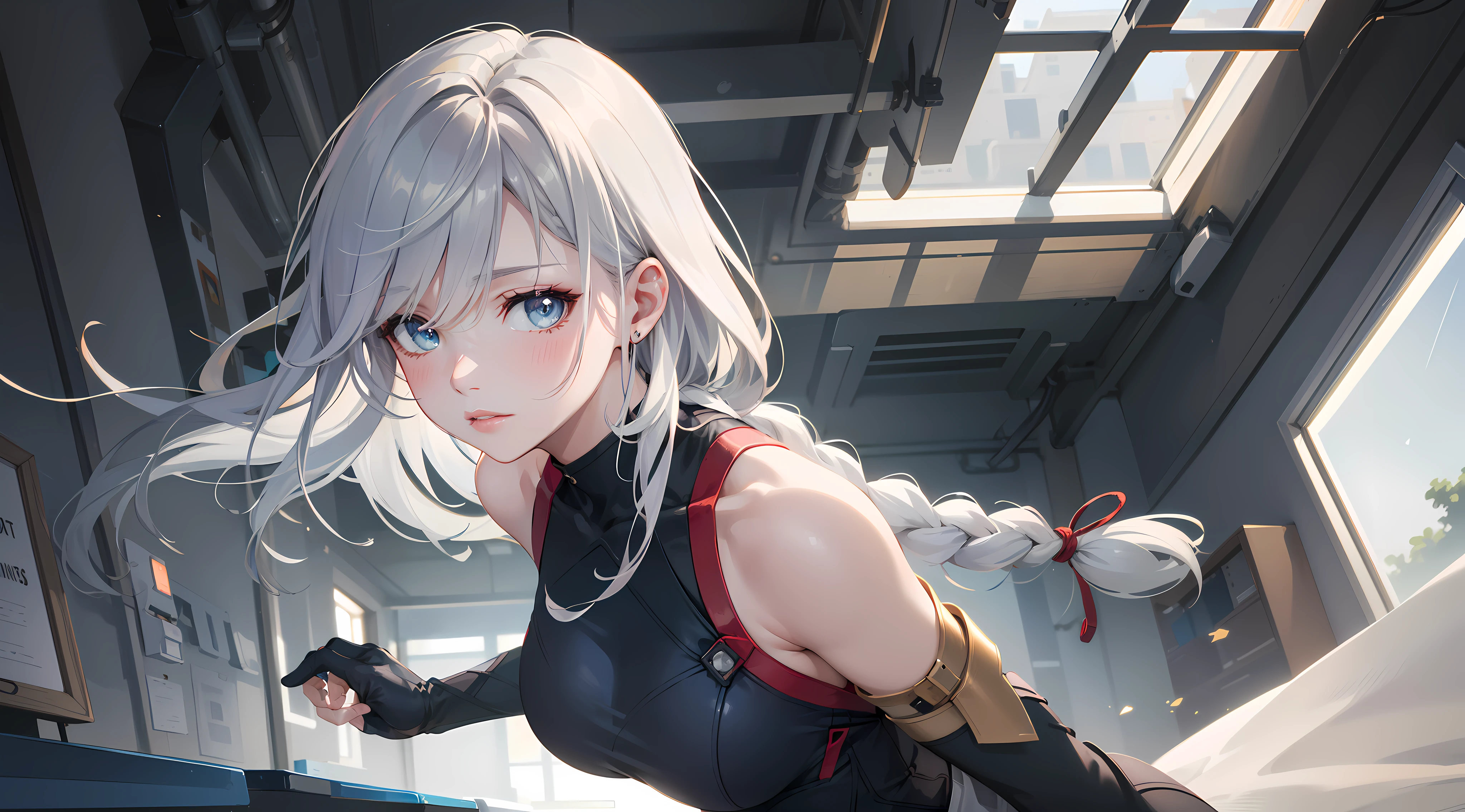 electrician girl, electrician suit, upper body, seductive look, blush, indoors, in office, looking at viewer, cloudy, moody lighting, (perfect detail eyes:1.2), glowing eyes, (long hair one braid:1.2), elemental skill effect, (Masterpiece, Best Quality, High Quality:1.4), professional artwork, Intricate Details, field of view, sharp focus, detailed painting, photorealistic lighting, trending on pixiv, (vivid lighting, vibrant colors:1.05), realistic shadows, ambient occlusion, (athletic body:1.3), mature woman, 30yo, shenhe, hyperdetail eyes, beautiful eyes, (((solo:1.4))), semi-realistic hair