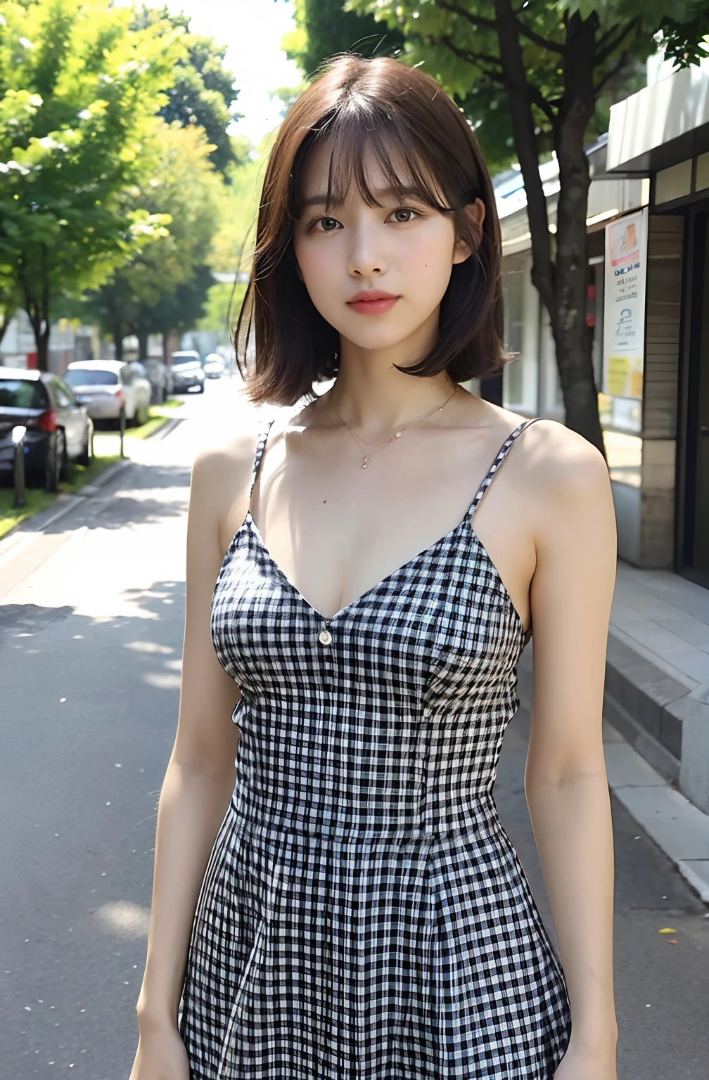 ((8K:1.27)、top-quality、masterpiece、超A high resolution:1.2)Photo Beautiful Japan woman(pleasing:1.1) Elegance、There is a good、Gradient lighting、1girl in、Delicate skin、Look here、Brown-eyed、(short hair with bangs:1.2)、(breasts are large:1.0)、(medium areola:0.8)、(realisitic:1.4)、(top-quality:1.0)、(超A high resolution:1.0)、8K、Raw photography、(masterpiece:0.2)、(pureerosface_v1:0.5)、 Knotted shoulder plaid dress、Thin shoulder straps、Spaghetti Straps、Plaid、Super Mini Length、Light gray color、Sleeveless、Round Neck、want me、Bring your chest together、Colossal tits、Staring at this、Omotesando in the morning、Street Trees、Stylish cityscape、subject、Lean、Look here、Laugh、Futomo、slightly chubby figure、big butts、a necklace、SLR、Morning light、The morning sun is dazzling、Loose chest、Sole lighter style、