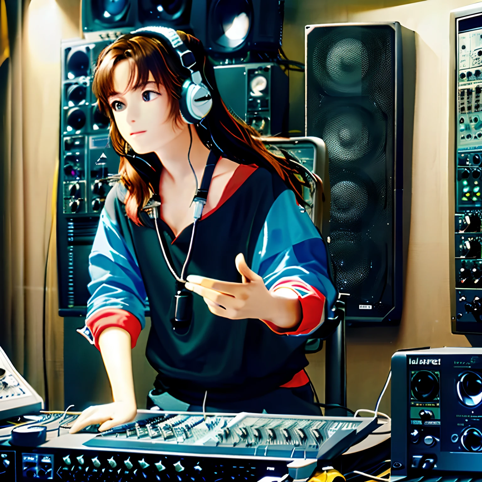 Concurrent sound engineers use mixers and headphones to create