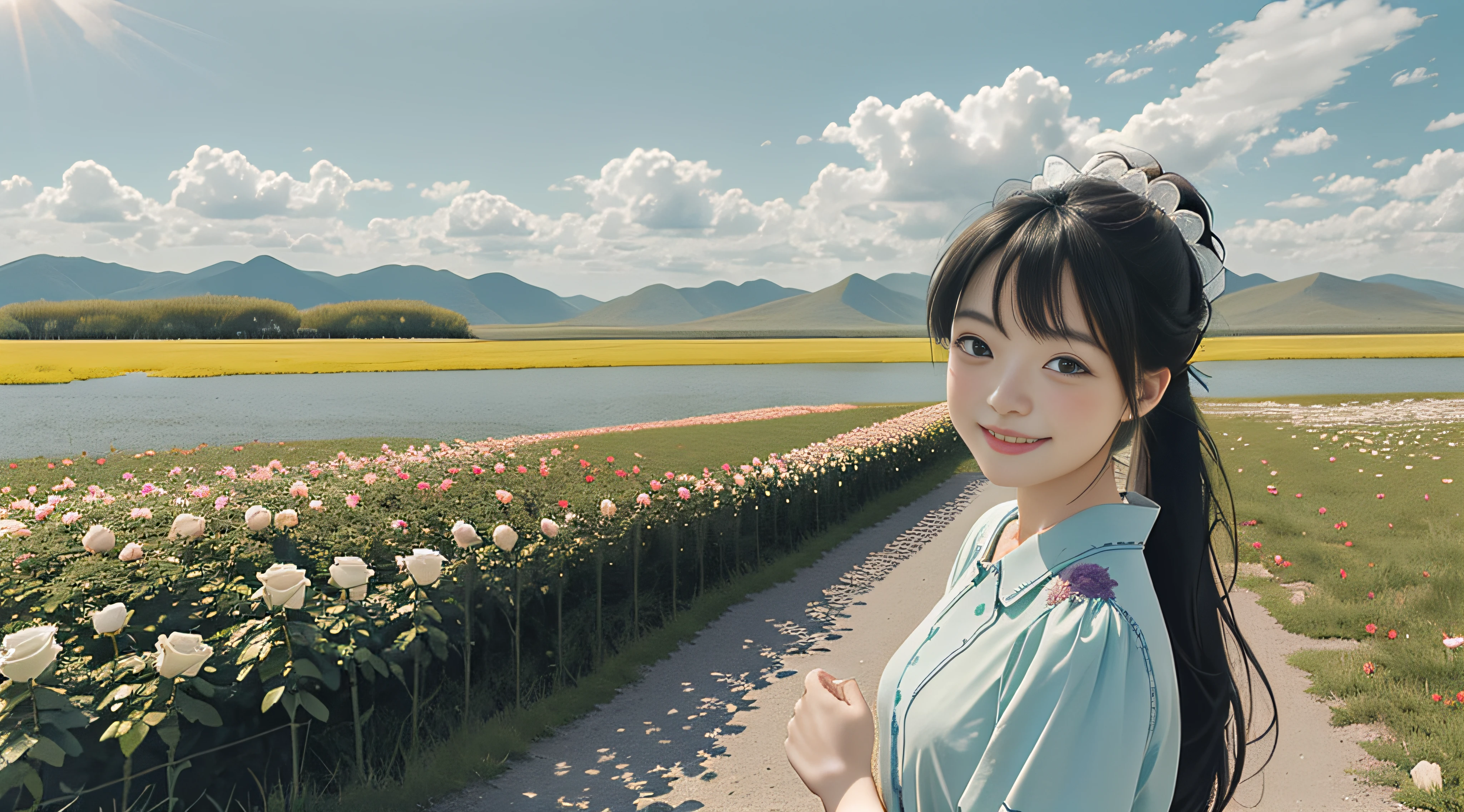 On the blue sky,On the turquoise savannah in summer,There are beautiful white clouds in the sky during the day,and the sun was shining brightly,There is soft natural light, Dingdall effect,An intimate portrait of a young girl about eighteen years old,The girl's appearance is thick eyebrows,There are big watery eyes,The girl has long black hair,Wear crossed bangs,front ponytail,The head wears a cartoon ribbon headdress,She blushed,Standing on the steppe in a pale green dress,There are also a lot of beautiful reds, Yellow, Roses in purple and many other colors surround the girl,The girl smiled sweetly,Gentlely,smiling and looking at audience,Reveals a mouthful of white, Flawless teeth,Place your hands naturally at your sides,A happy smile on his face。The sun casts a warm glow on the scene,Let the roses and green savannah sparkle,Cast a soft shadow on the girl's face。Behind her,The sea of roses stretches into the distance,There are roses that contrast with the pale blue sky above。Despite the tranquility of the surroundings,But there is a clear sense of joy,