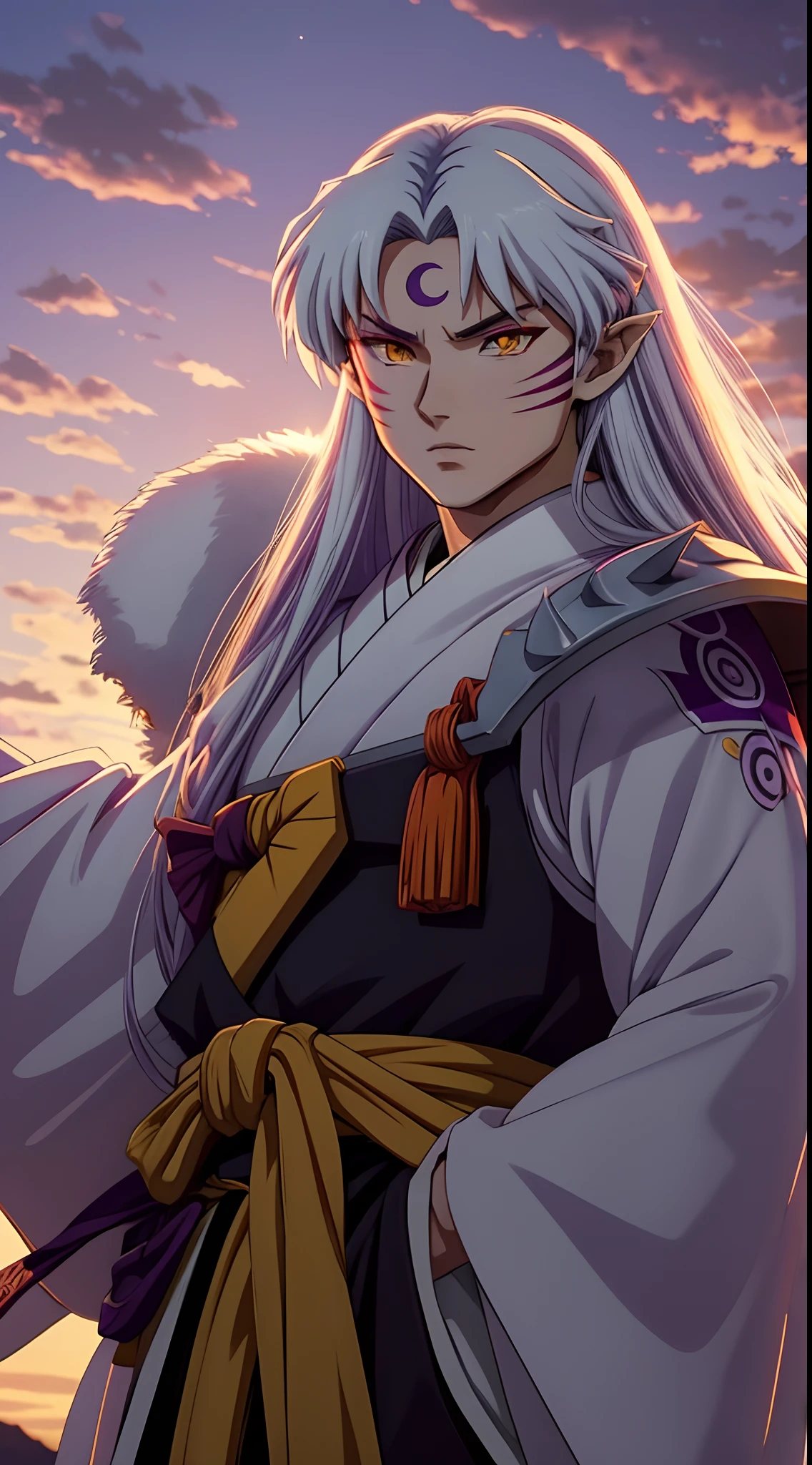 sesshomaru, yellow eyes, anime, perfect face, perfect lighting, outdoors, warm colors, dark purple sky, autumn sunset,  \(inuyasha\), baring claw, ready to fight