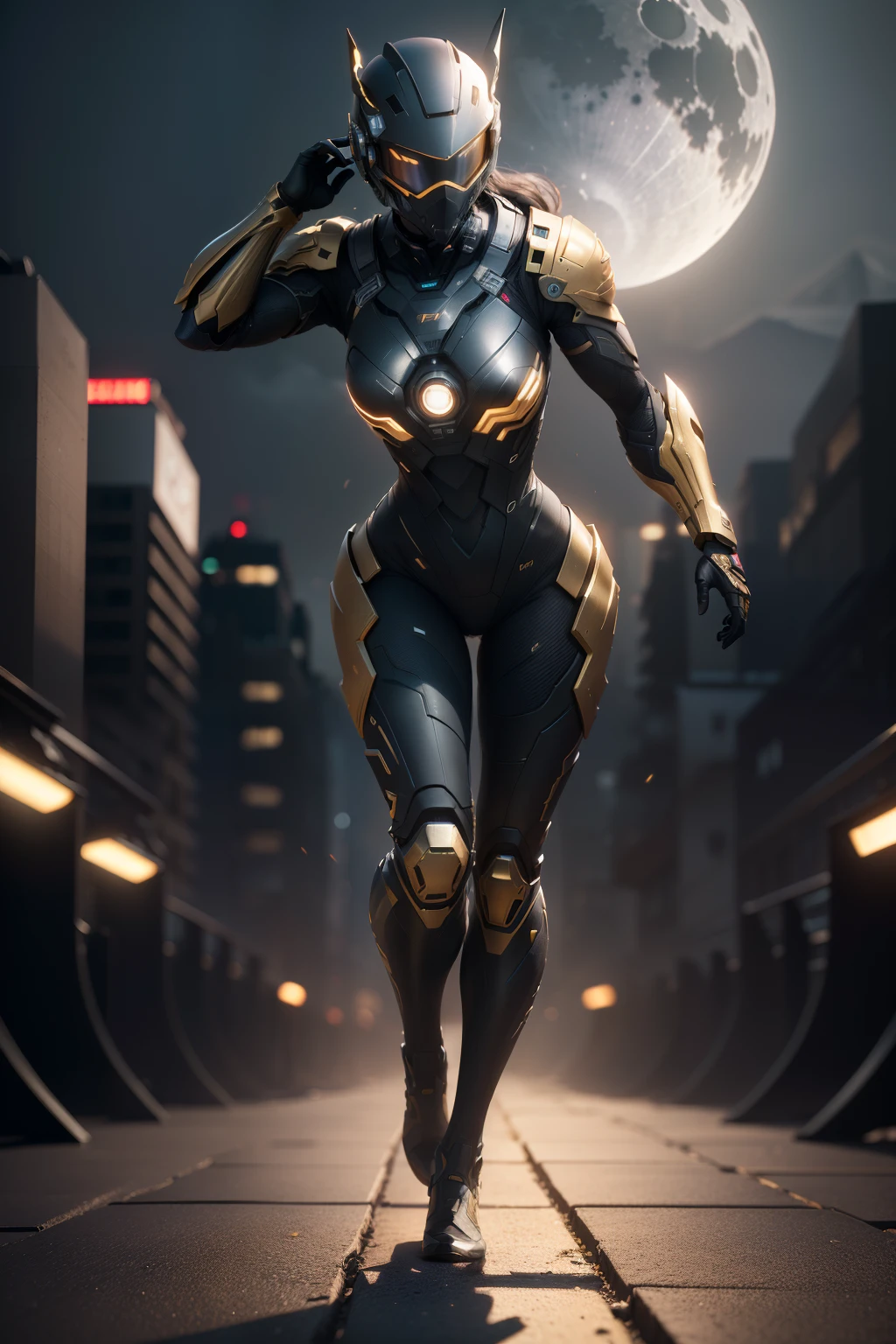 (Full body, (dynamic pose), action pose), (edge lighting, studio lighting, moonlight in the distance, night, bloom), (film, best quality, masterpiece, ultra hd texture, highly detailed, ultra-realistic, complex detail, 8k, realistic, concept art, mask painting, Autodesk Maya, Vray rendering, ray tracing, HDR), (DSLR, full-frame, 16mm focal length, f/8 aperture, dynamic perspective, dynamic angle, golden ratio, wide photography, Wide field of view, deep depth of field, zoomed-out) Tech costume, urban warrior 3D, realistic cyborg on web helmet head
