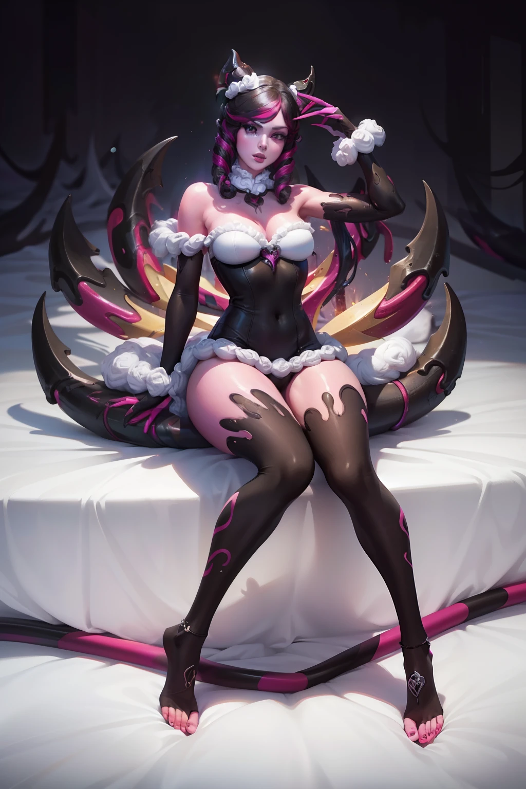 La mejor calidad, Obra maestra, extremadamente detallado, anime, Evelynn_predeterminado, hendidura_Pupilas, resplandeciente_ojos, negro_sclera, Blanco_cabello, presumido, (Full Body Angle)