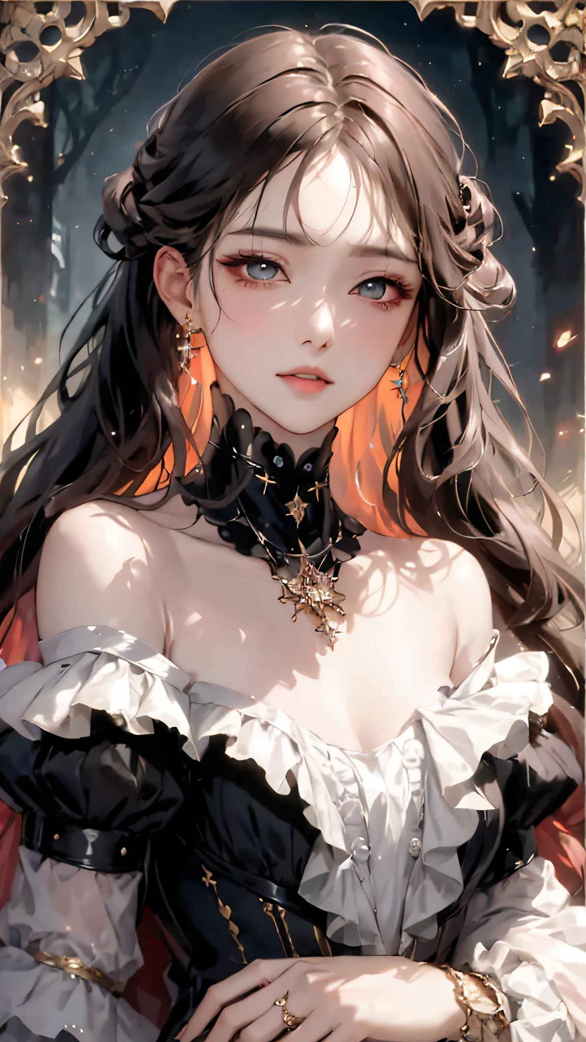 （tmasterpiece，best qualtiy，超高分辨率），Close-up of a woman wearing a necklace in a dress, and its detailed eye details, beautiful and seductive anime woman, Guviz-style artwork, Stunning facial details, gothic maiden, with long coiled hair，Black starlight skirt