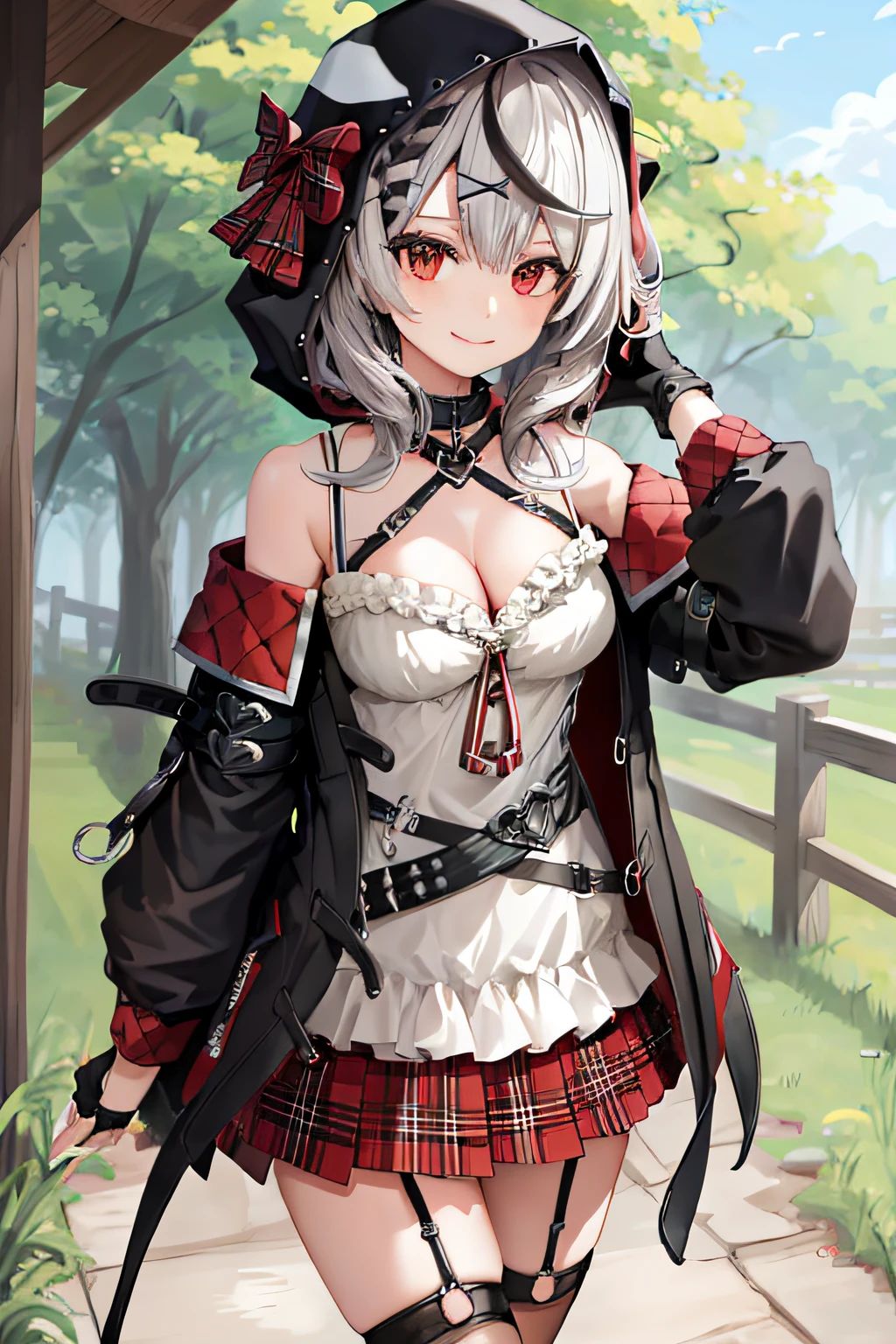 masterpiece, best quality, highres, 1girl, solo, red_eyes, sakamata chloe, garter straps, black fingerless gloves, torn thighhighs, grey hair, hair ornament, multicolored hair, plaid skirt, streaked hair, cleavage, x hair ornament, black hair, red skirt, black collar, white camisole, medium breasts, miniskirt, pleated skirt, black thighhighs, braid, white shirt, black_belt, medium hair, black jacket, plaid_bow, hood_up, long sleeves, off shoulder, smile, field, walking,