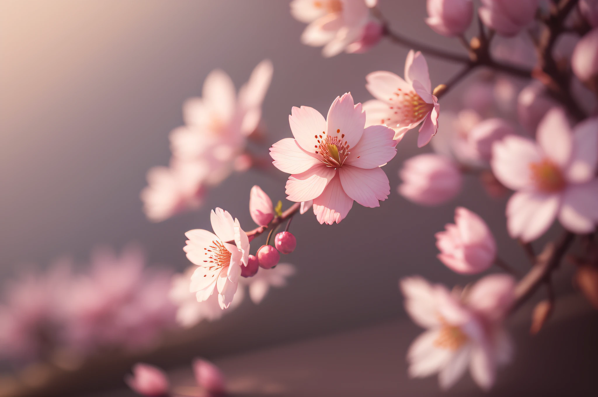 a closeup of cherry blossoms, realism, contemporary art, reflective light, ray tracing, chromatic aberration abuse, Canon, f/1.8, bokeh, overexposure, super detail, high quality, 8k