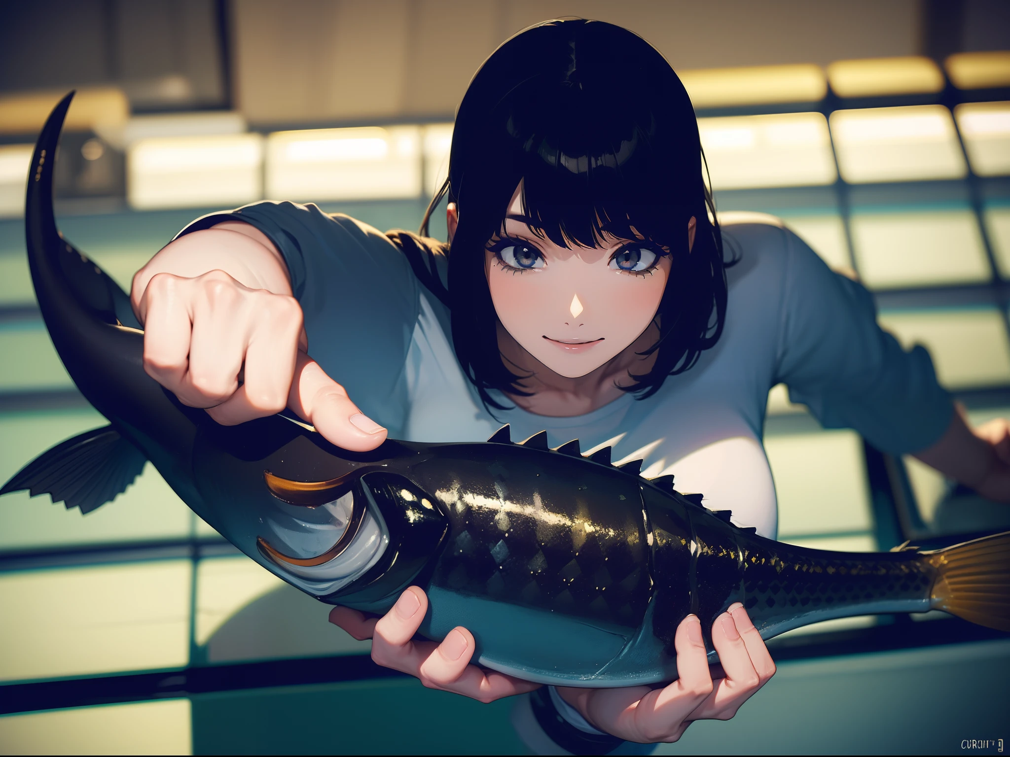 (((Catch a big blackbass by the lakeside:1.1))),((Best quality, Masterpiece :1.3)),(1 japanese mature female),holding a fish with both hands and sticking it out,black hair, longeyelashes, solid circle eyes, light smile, drop shadow, atmospheric perspective, 8k, super detail, ccurate, best quality, small breasts,black jacket, Black T-shirt ,navy blue jeans,