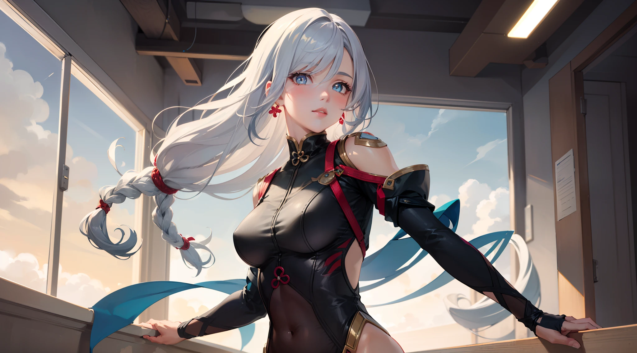 electrician girl, electrician suit, upper body, seductive look, blush, indoors, in office, looking at viewer, cloudy, moody lighting, (perfect detail eyes:1.2), glowing eyes, (long hair one braid:1.2), elemental skill effect, (Masterpiece, Best Quality, High Quality:1.4), professional artwork, Intricate Details, field of view, sharp focus, detailed painting, photorealistic lighting, trending on pixiv, (vivid lighting, vibrant colors:1.05), realistic shadows, ambient occlusion, (athletic body:1.3), mature woman, 30yo, shenhe, hyperdetail eyes, beautiful eyes, (((solo:1.4))), semi-realistic hair