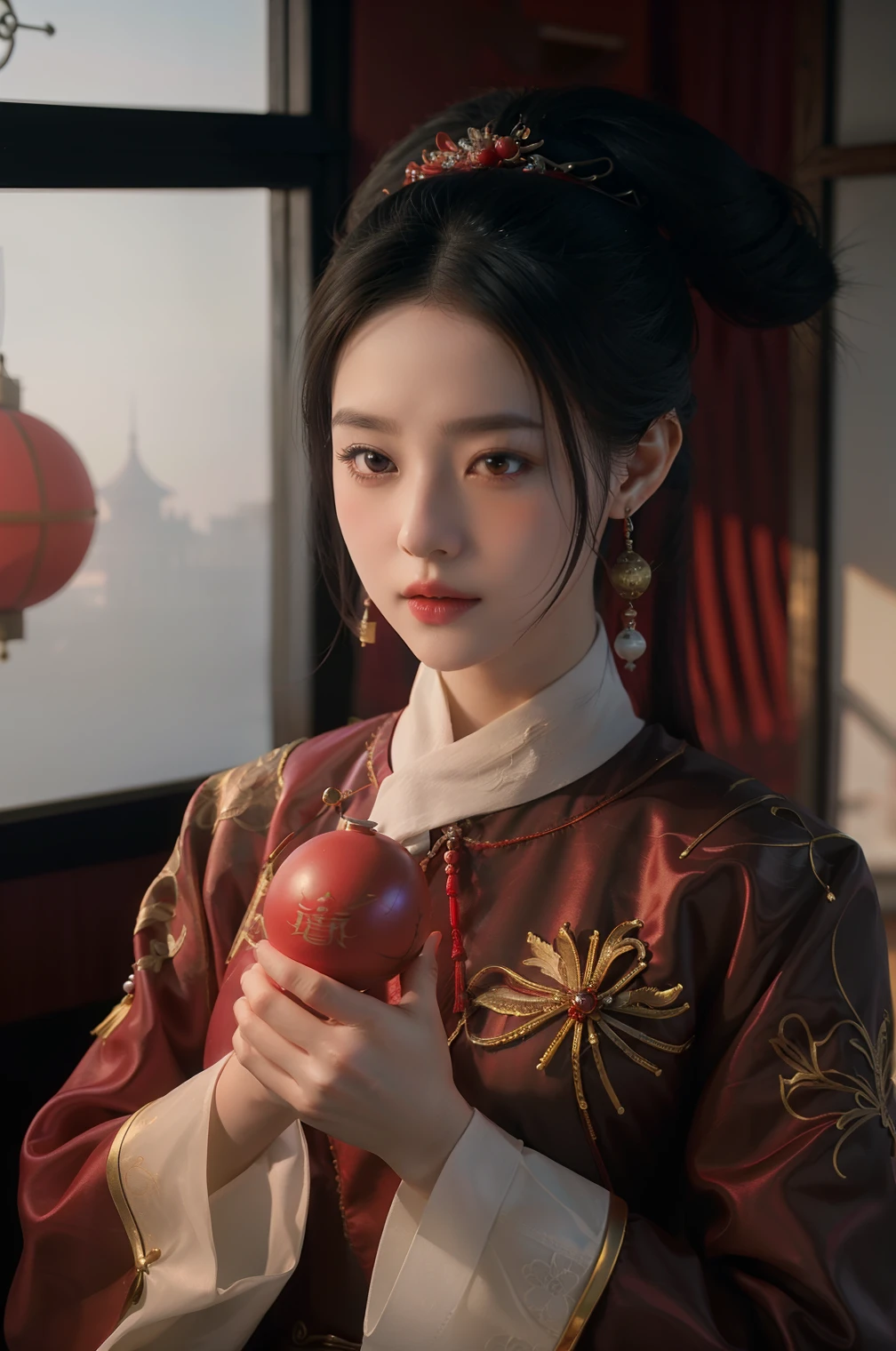 RAW photogr,Realistic,Best quality,Anime girl holding a glass ball in red and black clothes, Palace,A girl in Hanfu, Guviz-style artwork, Extremely detailed Artgerm, Artgerm and Atey Ghailan, Ruan Jia and Artgerm, Beautiful character painting, trending on cgstation, 3D CGI anime fantasy artwork
