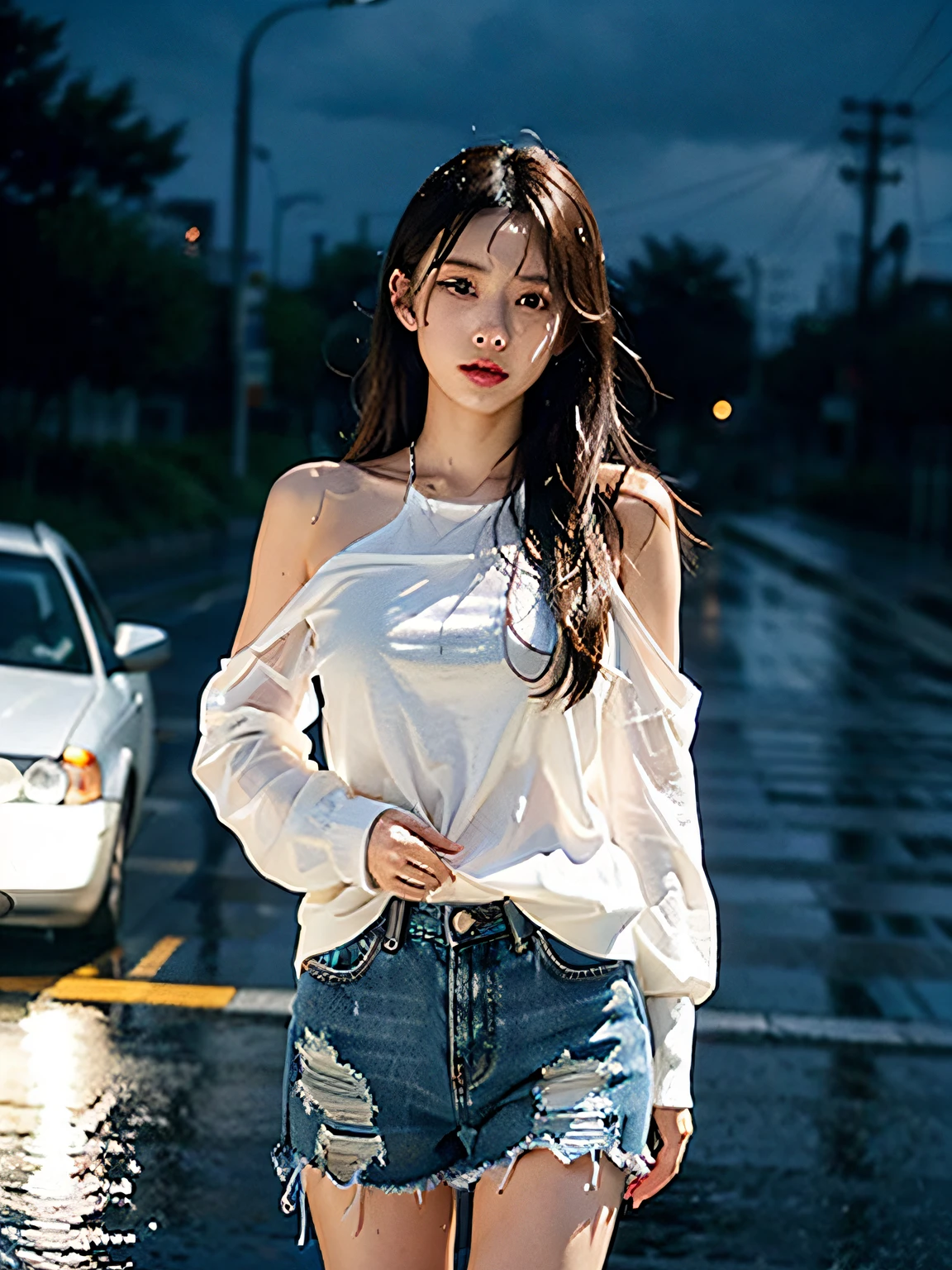 Highest image quality,超高分辨率,Fidelity 1.4,photore,1girll,white shirt,Ragged skinny denim shorts,White sneakers,dimly lit,darkly,be desperate,pitying,cute little,cinematic ligh,tears,tear drop,Torn clothes 1.5,Wet clothes 1.4,exposed bare shoulders,Real rain,Wet hair,Wet translucent clothes