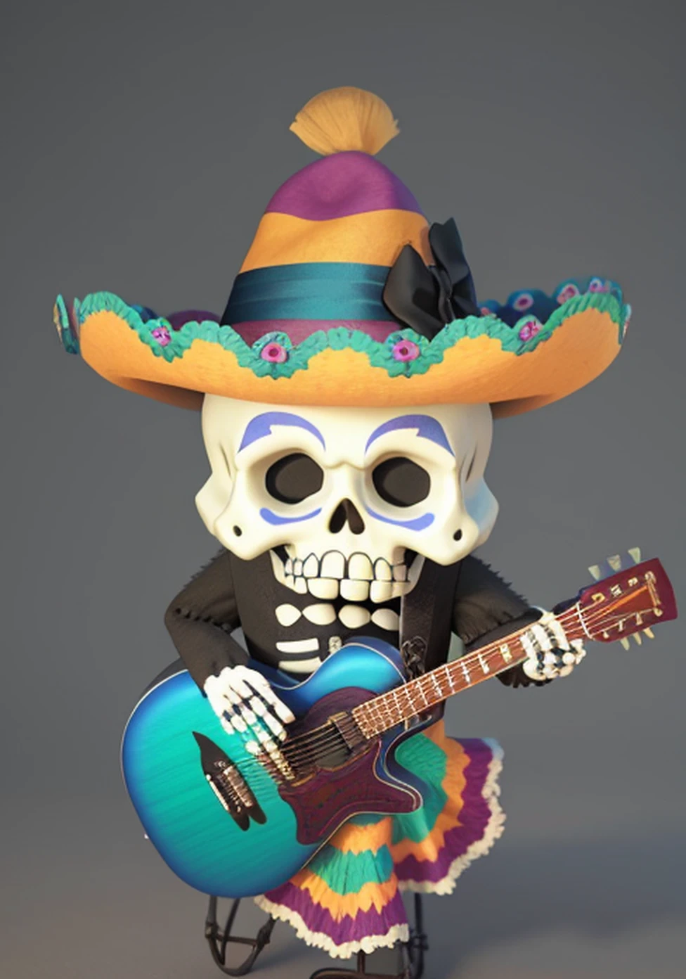 Mexican cap，guitar，Cartoon skeleton，celebrating day of the dead，（（3d effect）），pixar-style，rendering by octane，hight contrast，high qulity，（Clean background)