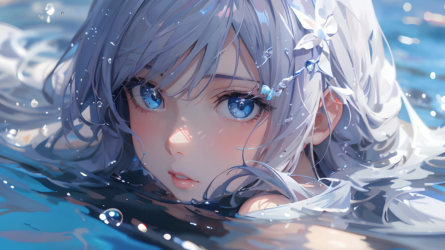 Anime girl in the water,blue color eyes,wallpaper anime blue water,detailed digital anime art,blue watery eyes,On Guweiz's ArtStation Pixiv,Stunning anime face portrait,azure blue watery eyes,a beautiful anime portrait,Pixiv art site in Guvez,Striking anime art wallpaper 4k。