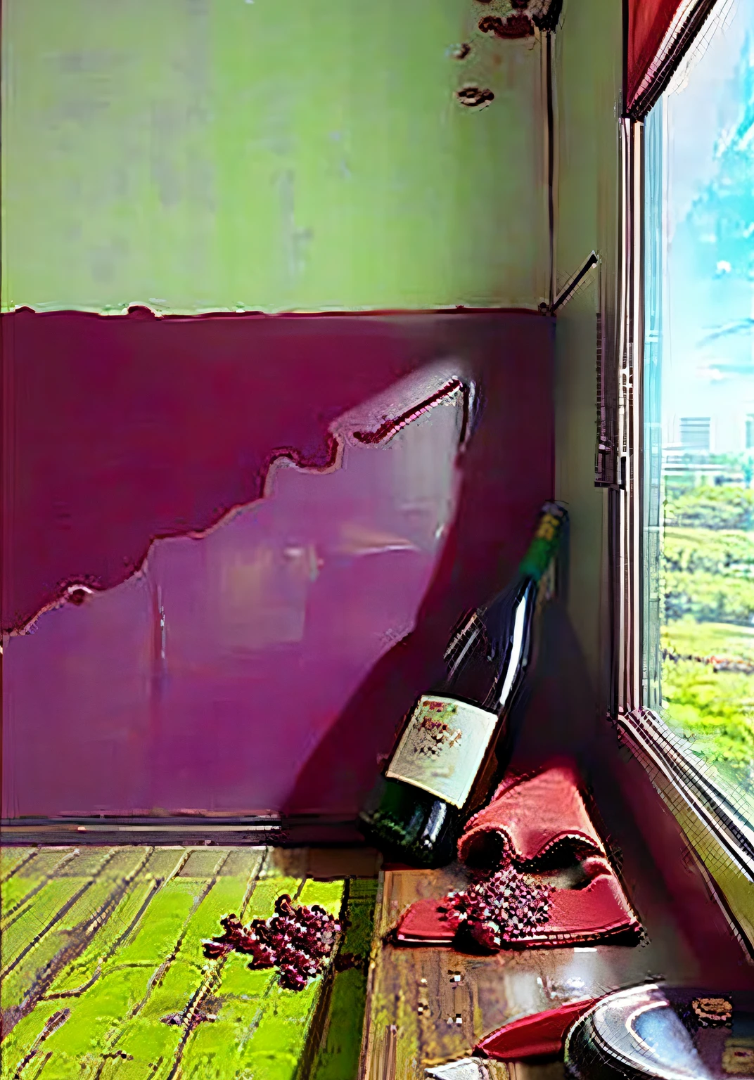 A bottle of red wine is placed on the table,Floor-to-ceiling window background,wide wide shot,food,absolum art,ground shatter,
