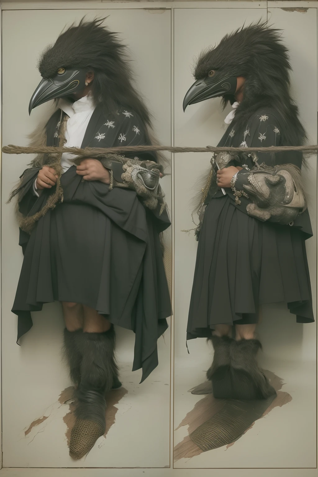 ((Masterpiece)),((Best quality)),((High- sharpness)),((Photorealsitic)) ，A man，((Wear a crow mask))，full bodyesbian，Thin，Slender，Blindfolding，Dilapidated church，Mossy，The night illuminates Chomper，realisticlying，photorealestic，