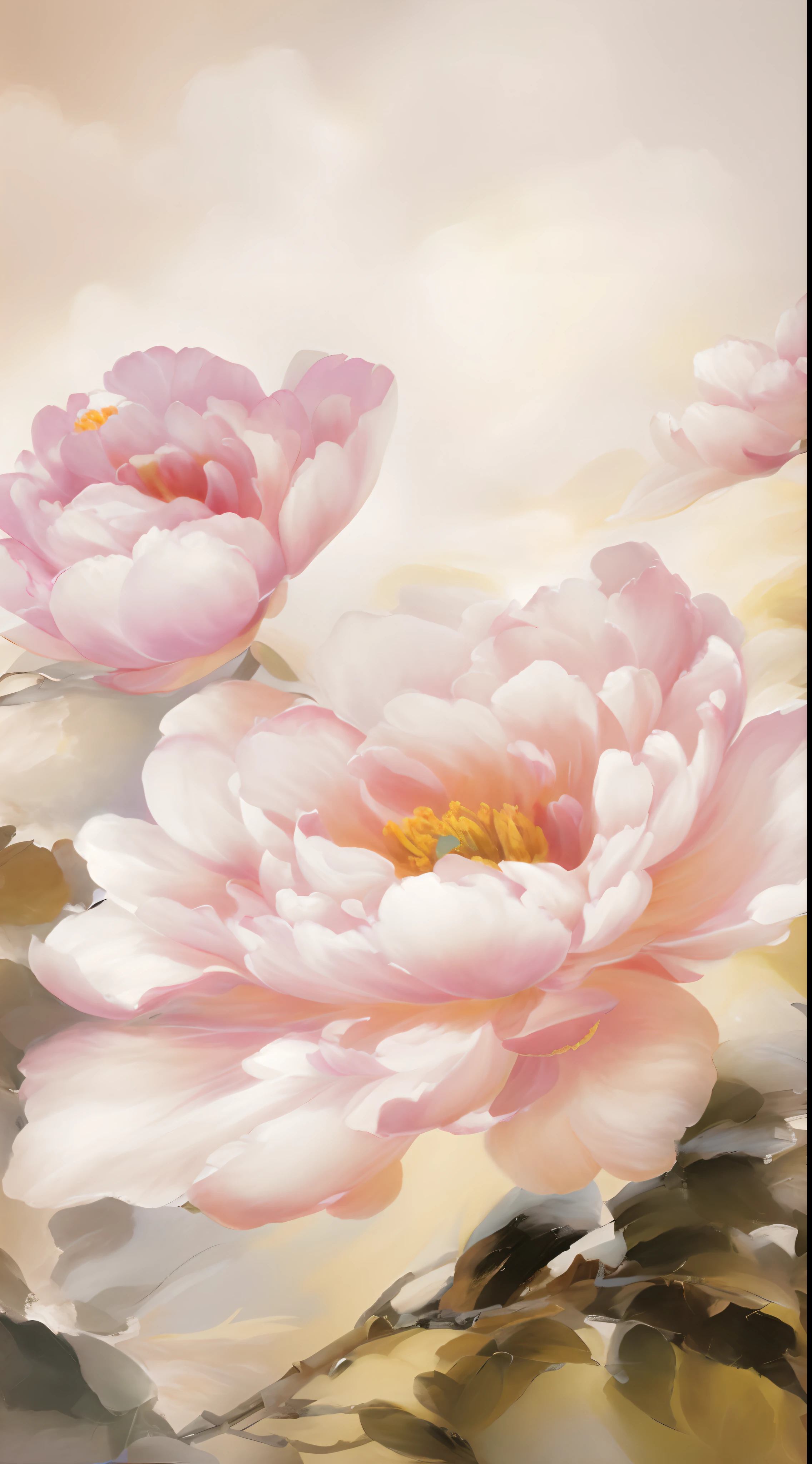 Draw a picture of pink flowers on a white background, john park, elegant and refined painting, author:Liang Kai, Soft glow, Peonies, large opaque blossoms, Peonies, painterly brushwork, author:Li Tang, author:Gao Fenghan, author:Park Hua, pastel style painting, inspired by Yanjun Cheng, in stunning digital paint