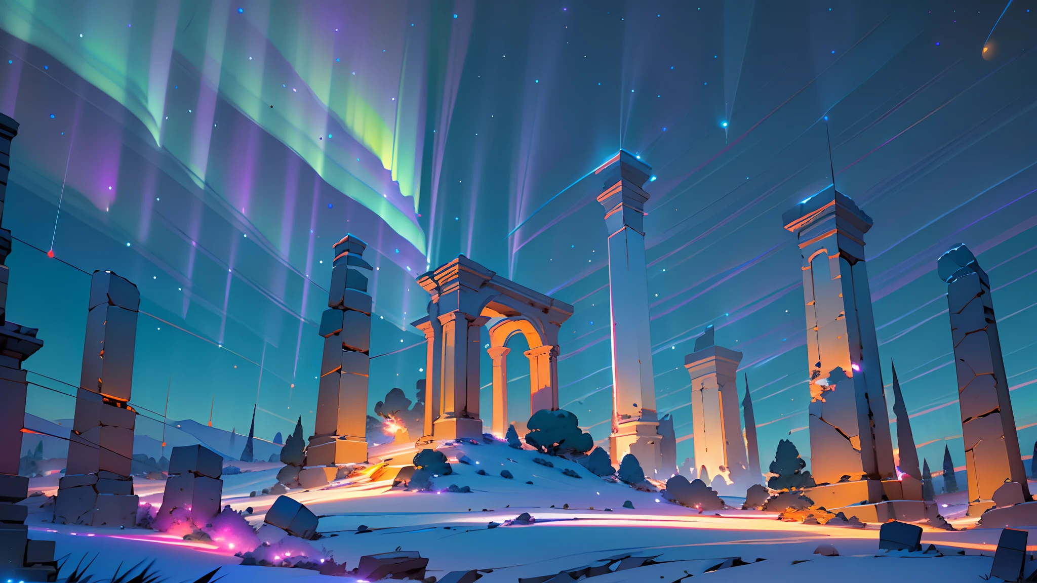 large glowing portal, star (sky), starry sky, fire, space, milky way, embers, shooting star, galaxy, sunset, night sky, explosion, sky, night, aurora, fireworks, light particles, burning, planet, twilight, flame, science fiction, starry background, sparks, snowing, dusk, gradient sky, skyline, earth (planet), sun, evening, no humans, scenery, orange sky, cloud, ruins, diffraction spikes, constellation, light, light rays, torch, sunris, dinamic lights, dinamic clouds.