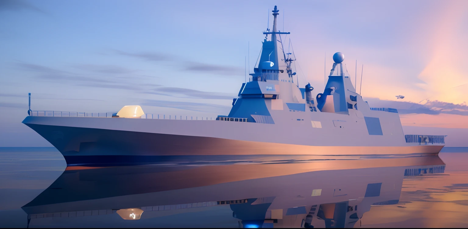 The naval ship Alafed is reflected on the surface of the water, realistic warship design, rendering of checkmate, cgi rendering, realistic military carrier, cgi render, anato finnstark. Front view, author：Jens Sendergaard, sharp render, warship, anato finnstark. ultra - detailed, rendering, digital model, hull, euclid class