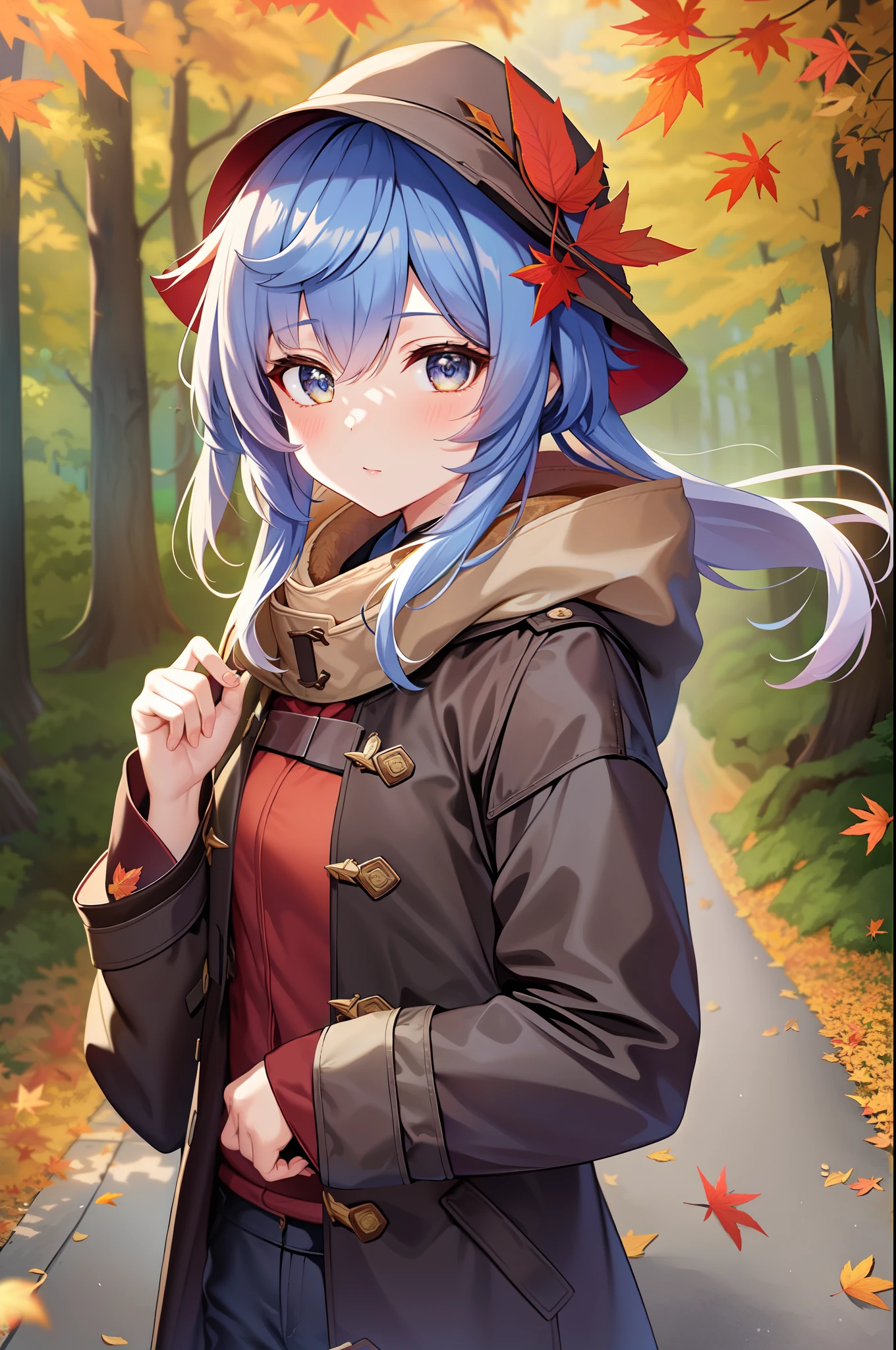 1girll，ganyu/(genshin impact/),the woods，maple leaves，((wind coat))，Forest path，stroll，autumnal，long trousers，((up-close)),upper body photo，detailed eyes,gradient eyes