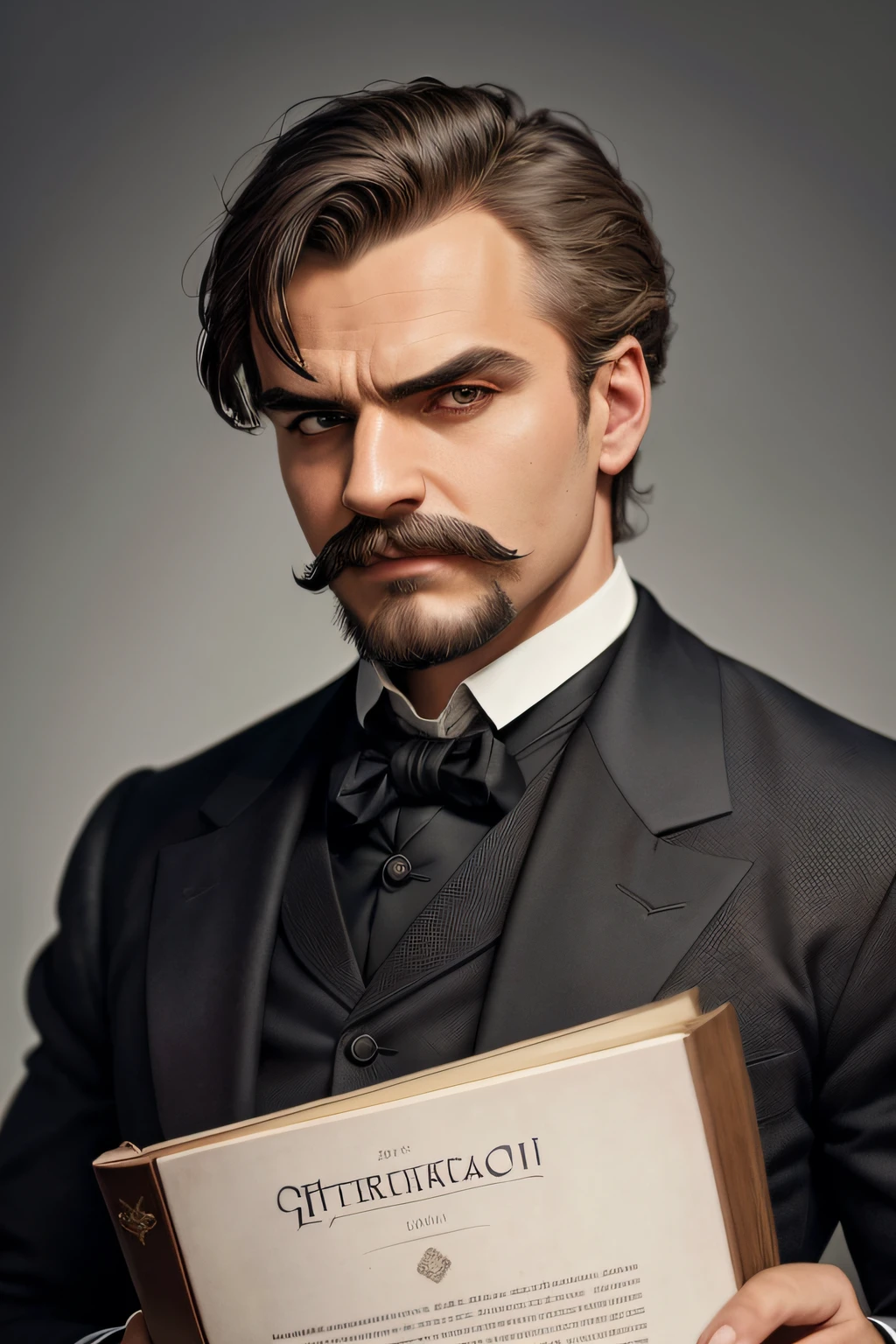 arafed man in a suit holding a book with a mustache, portrait of professor sinister, highly detailed character, epic portrait of menacing, epic and classy portrait, a portrait of the character, detailed character portrait, kramskoi 4 k, handsome man, character art portrait, closeup character portrait, extremely detailed man, character portrait closeup, sharp looking portrait