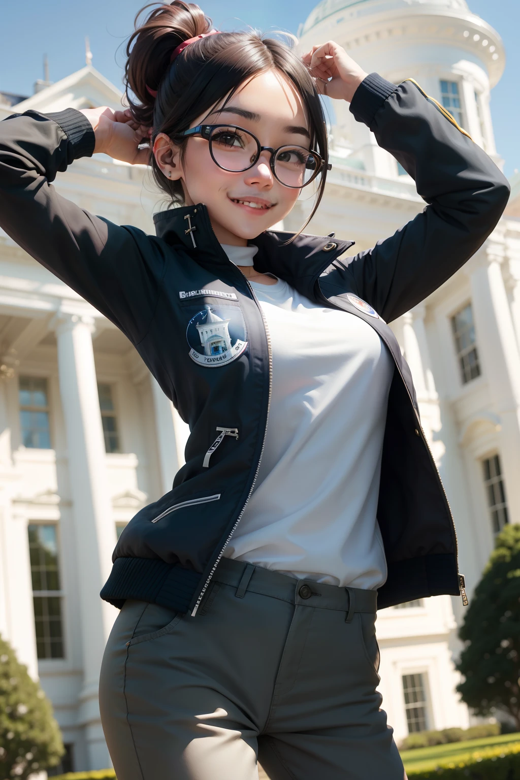 tomgirl, Solo,Chinos, Jacket, Round glasses, Dynamic Angle, White House in America , Smiling, masutepiece, Best Quality