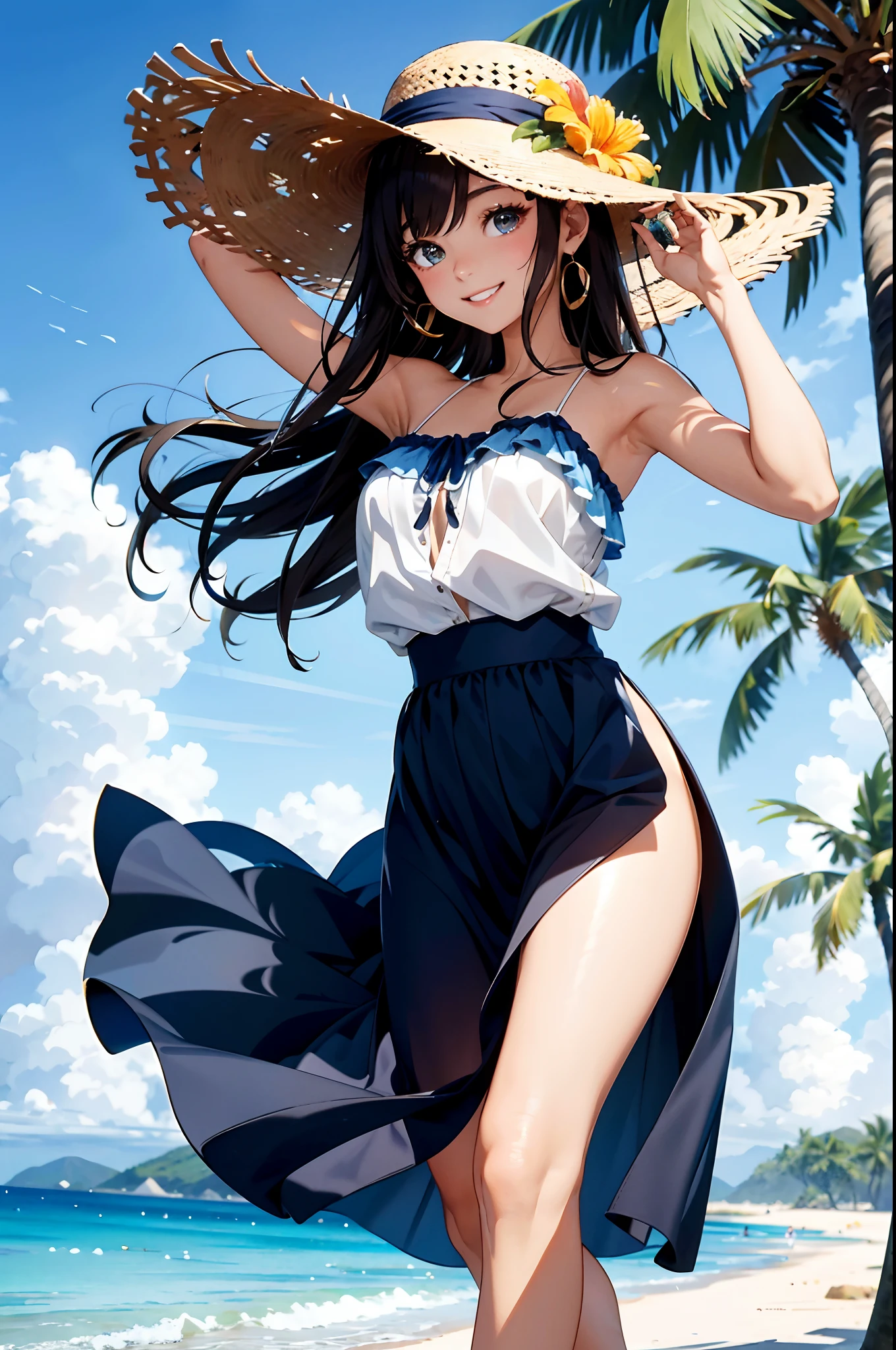 (top-quality、in 8K、32K、masterpiece、nffsw、ighly detailed:1.2)、Full body, blue open sky、Tropical seas、Palm trees、beauitful face、blurry backround、20-year-old beauty、shinny skin、dark brown hair、Medium Hair、Blue eyes、Maxi skirt、flipflops、Floral hair ornament、a straw fedora hat、raise arms、Smile with open mouth、skin tanned、