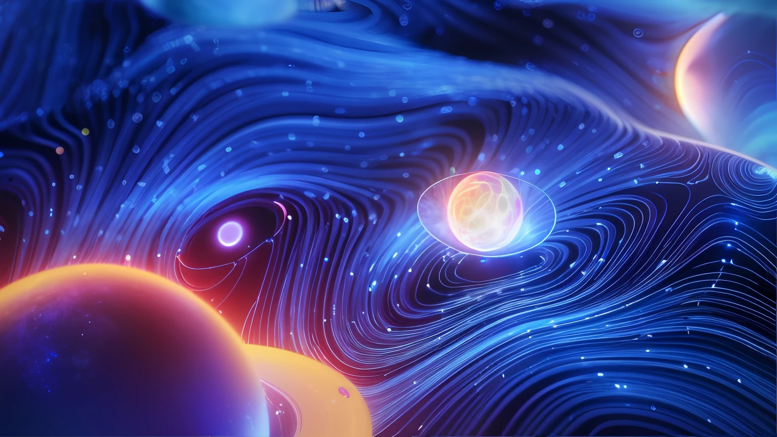 Close-up of a computer-generated spatial image, cosmic energy wires, colorful redshift render, Realistic textured magnetosphere, Space distortion and distortion, Tearing the space-time structure, space graphics art in background, Rendered in redshift, particle waves, beautiful cosmic neural network, beautiful composition 3 - d 4 k, swirling flows of energy,k hd,A detailed,Pubic area is clear,outerspace,kosmos,Metaverse,sci-fy,