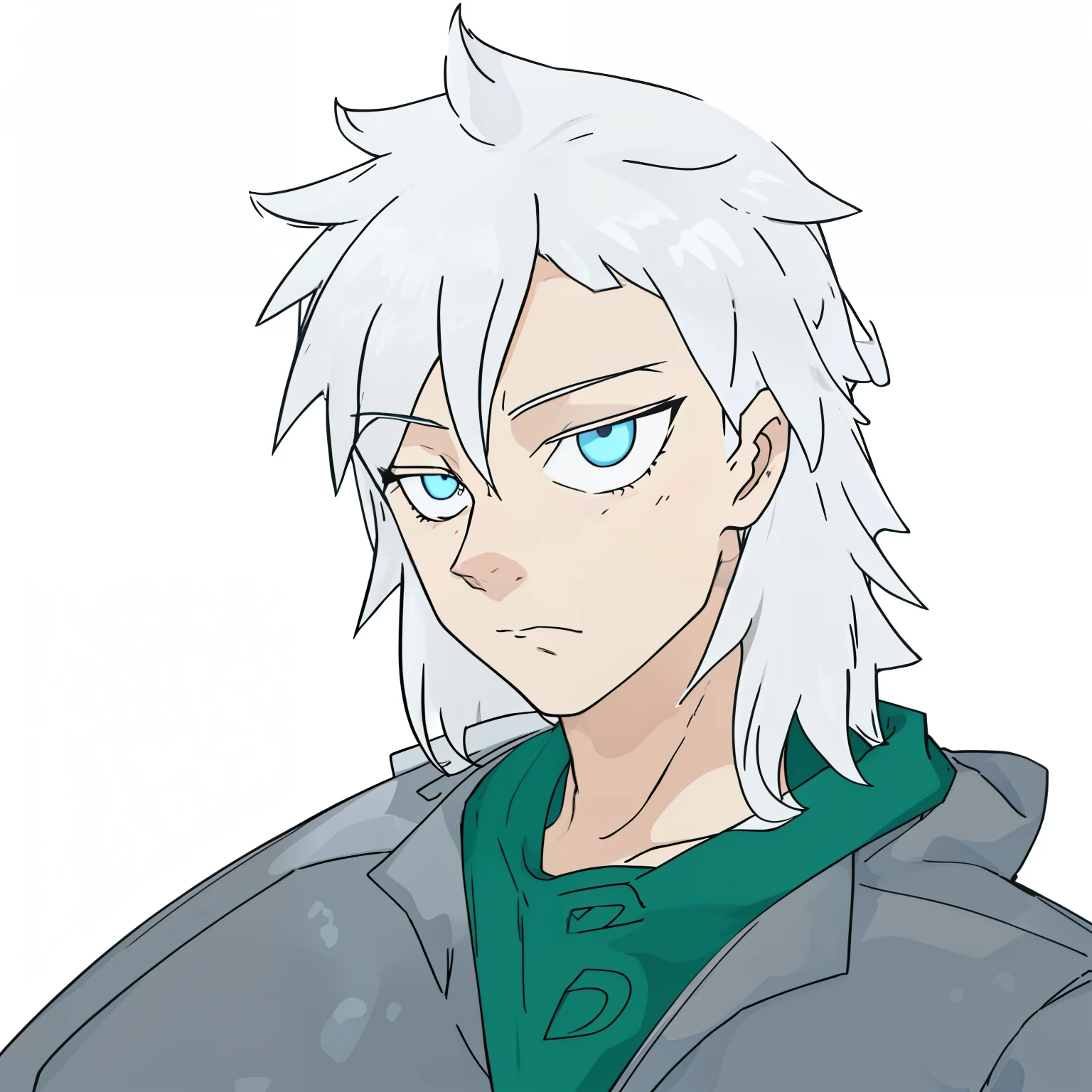 Cartoon drawing of a guy with white hair and blue eyes, he has dark grey hairs,,silber hair, as an anime character, anime style character, white haired Cangcang, 年轻, whaite hair, vector shaded anime, silber hair, Female anime style，Godless eyes