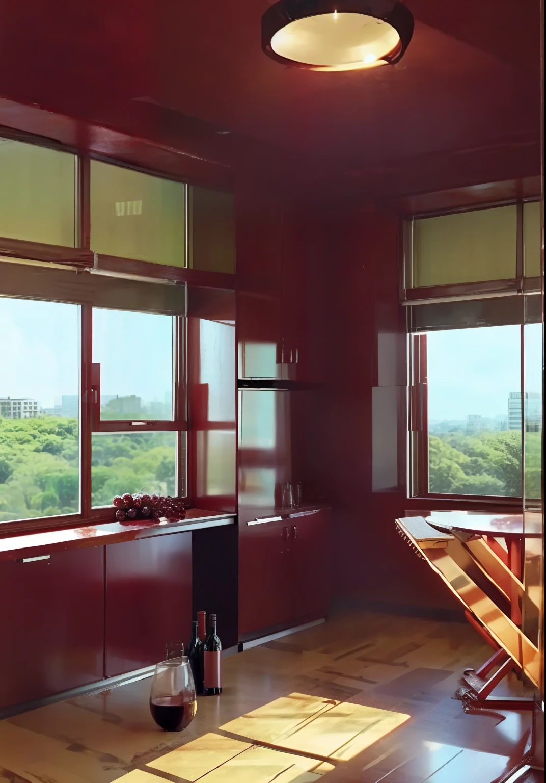 There was a bottle of red wine on the table，Food placed aside，Floor-to-ceiling window background，wide wide shot