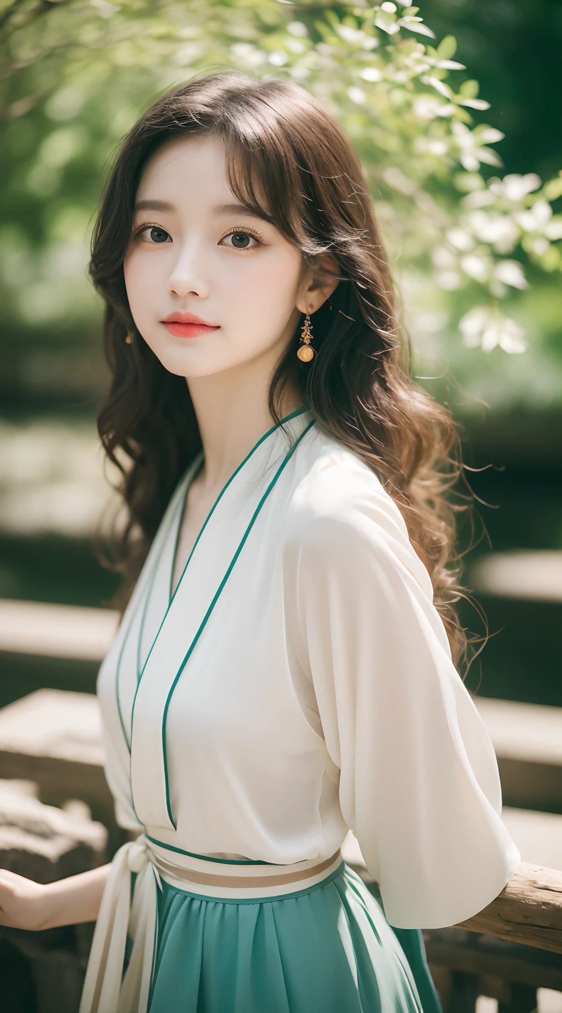 (8K, RAW photo, Best quality)1girll, Beautiful face, (Hanfu), Curly hair is as black as a spring,Delicate hair accessories,posing on a,Outdoors, Chinese Garden, (ponds), noon, Streets, Sunshine,Background bokeh,Focalors,filmgrain,