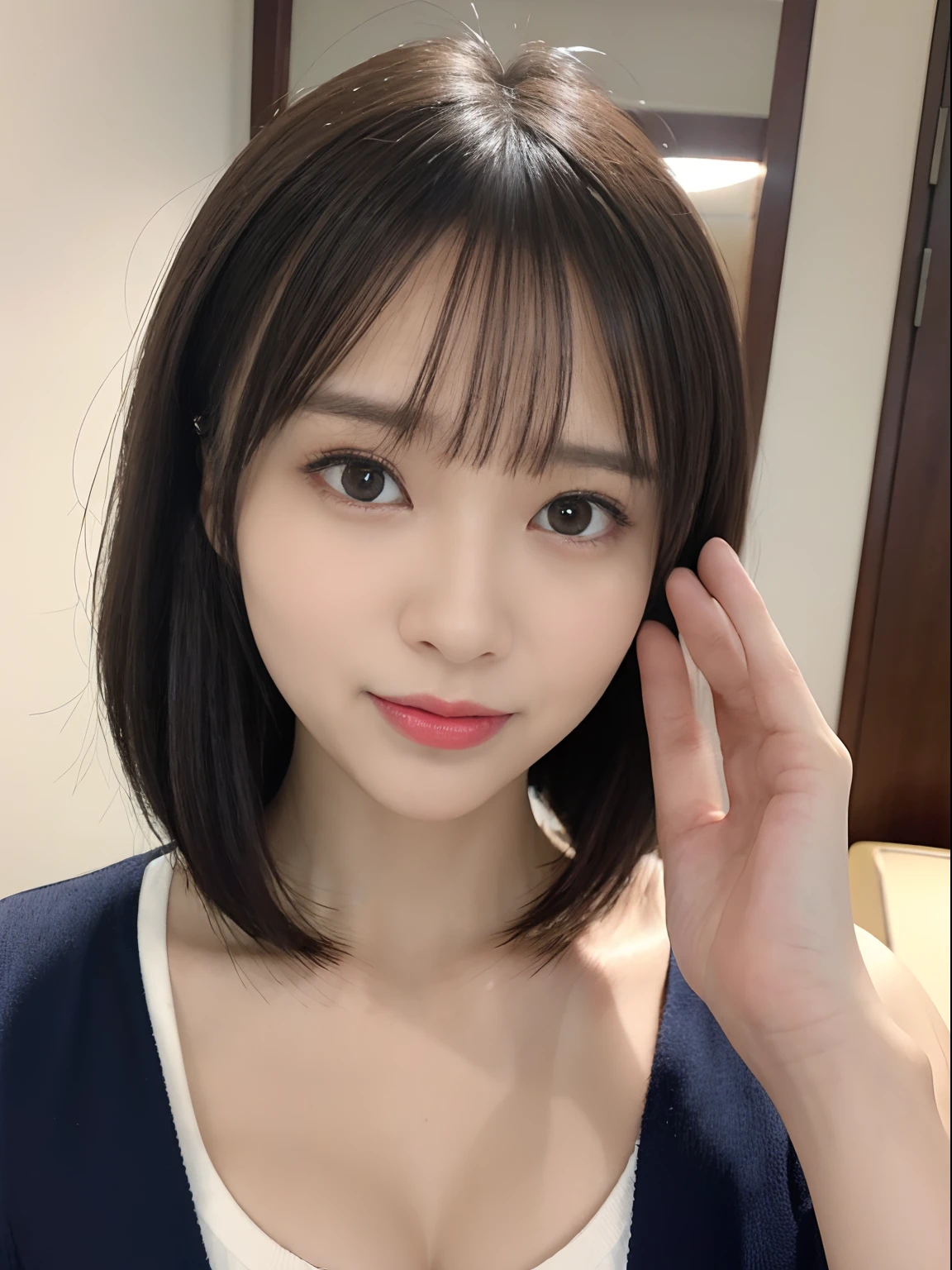 in 8K、top-quality、​masterpiece、ultra-detailliert、超A high resolution、profetional lighting、1 girl of 20 years、portlate、Short Bob、poneyTail、hair wavy、Hair stopper、Put your ears out、Tear bag、二重まぶた、Gentle eyes、azure eyes、耳Nipple Ring、Opens mouth and laughs