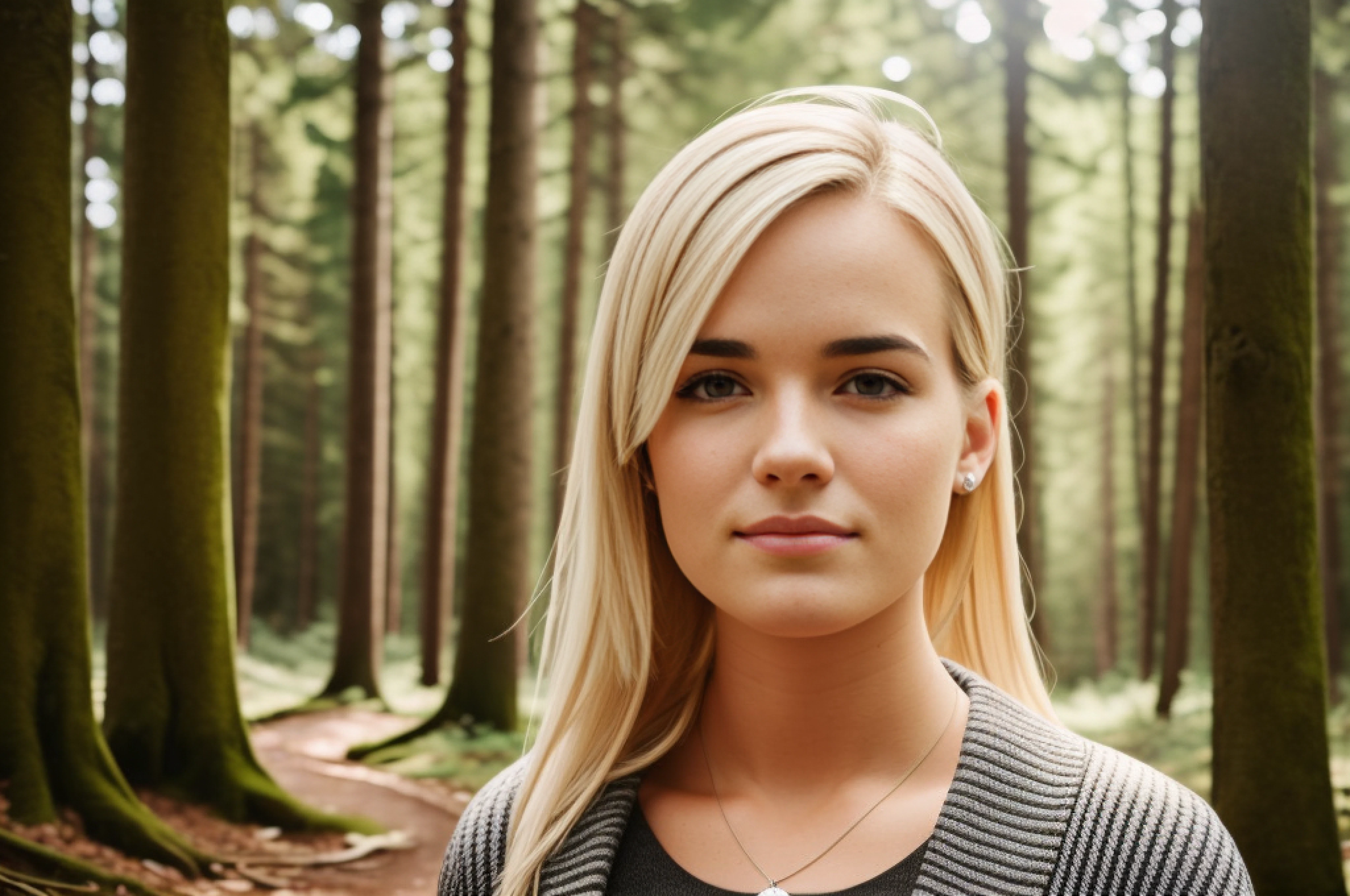 (((hd closeup photo))), one standing Anne-Marie Alto looking at camera, 25 years old, in forest