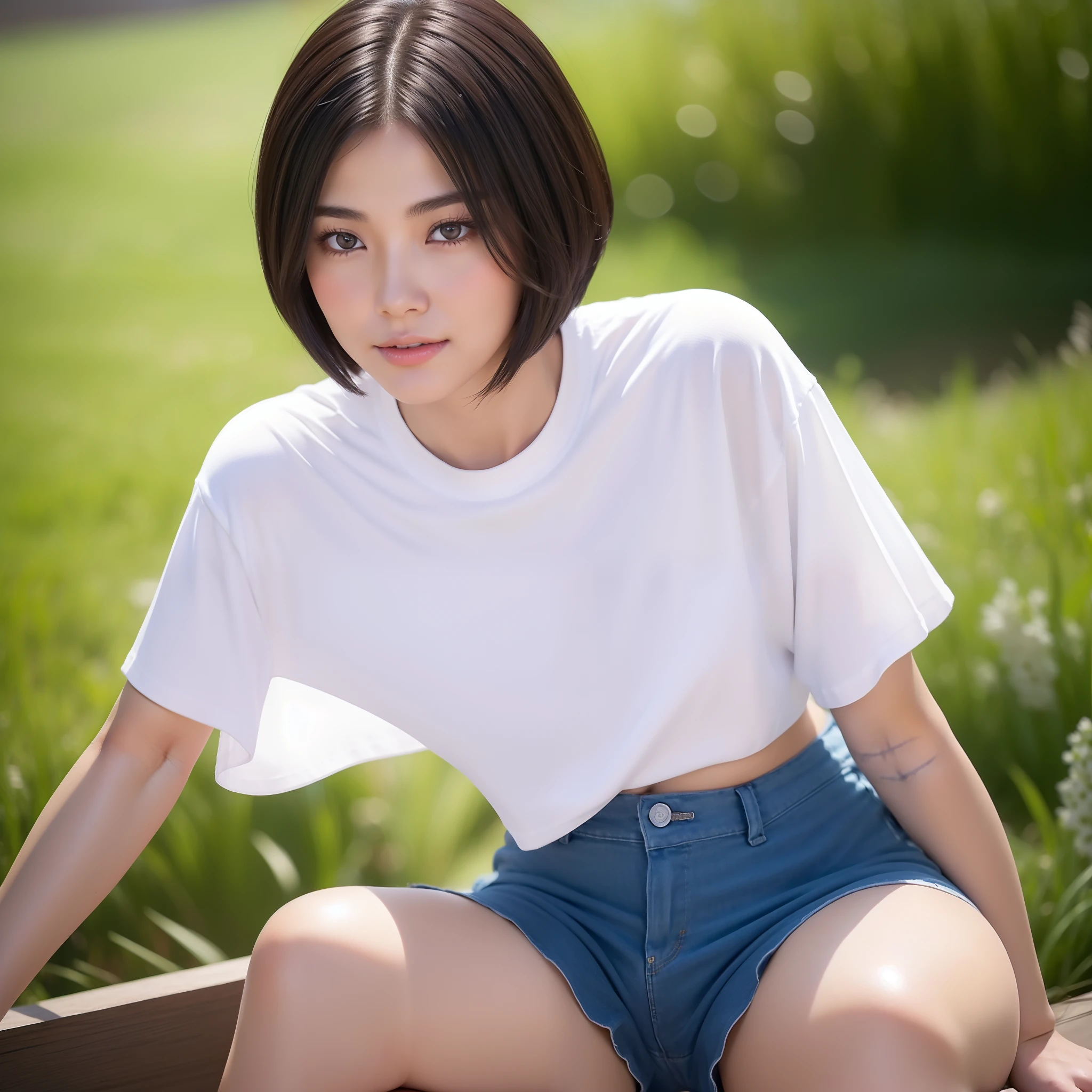 girl with、(Top image quality、8K、realisticlying、realisitic)、short-cut、Hair flowing to one side、realisticeyes、Realistic and beautiful eyes、Enjoying the game、Chinos、(Thighs are visible)、White T-shirt