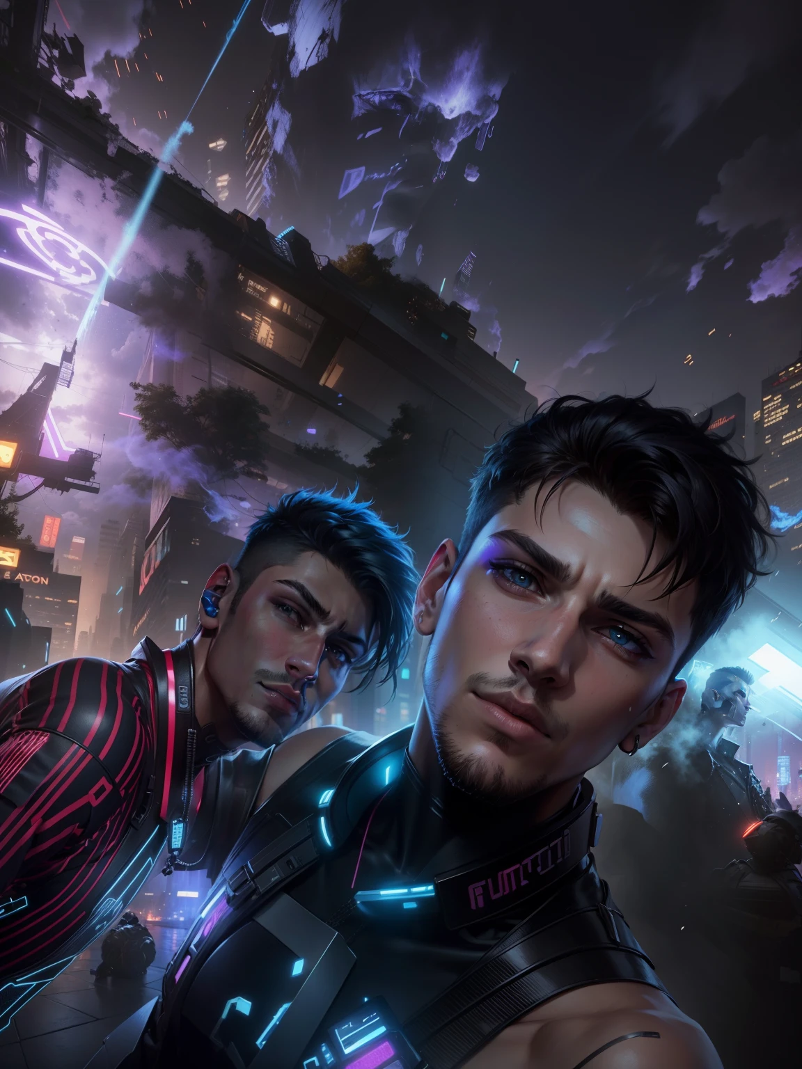 Change background cyberpunk handsome boy, realistic face, 8k, Two boys with no more ultra-realistic faces