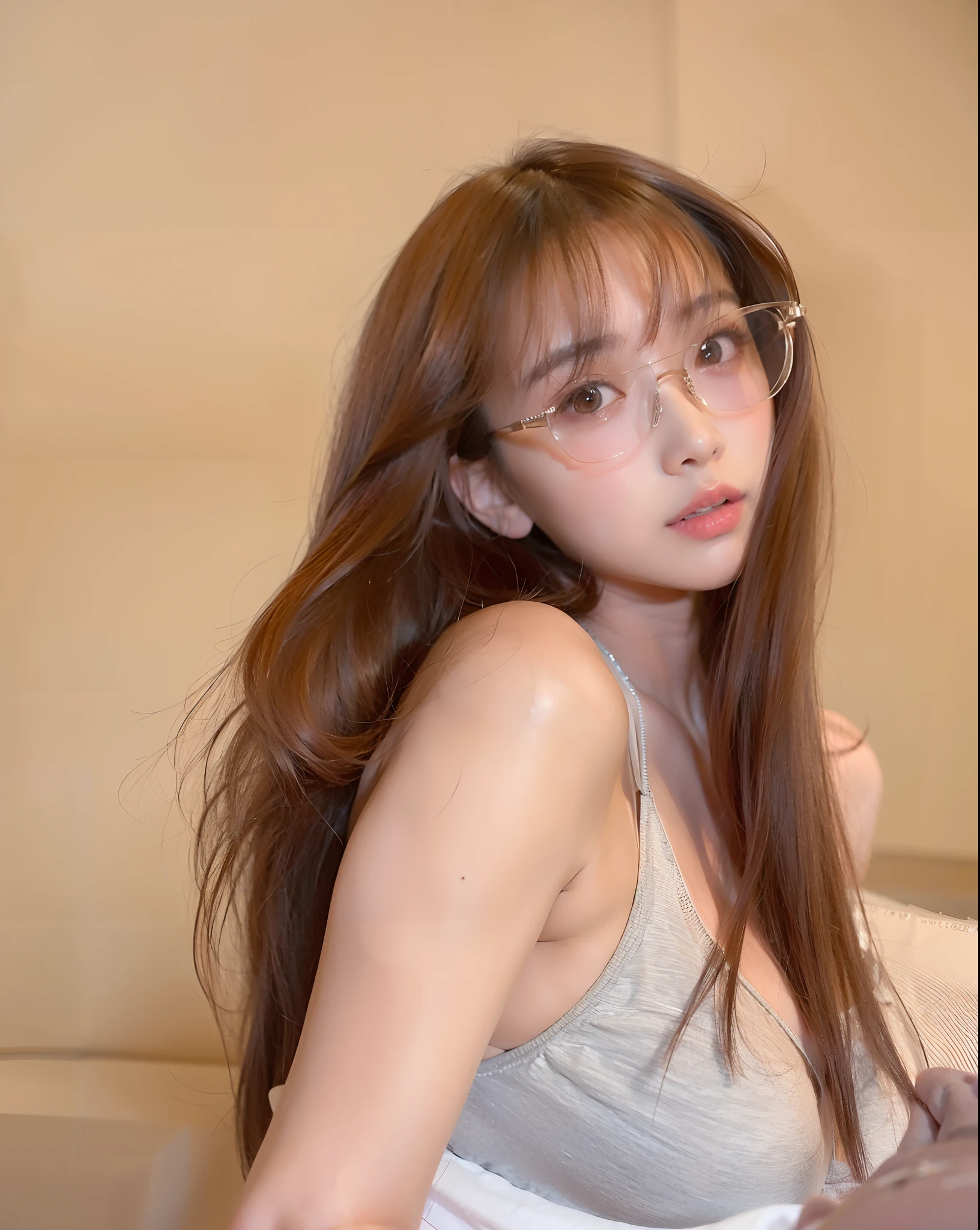 araffed asian woman in glasses sitting on a bed, Brown hair long，By bangs, long whitr hair，Thick bangs, Gorgeous young Korean woman, Long hair with bangs, With glasses, ulzzangs, Beautiful young Korean woman, wearing thin large round glasses, Asian girl with long hair, beautiful Korean women, Korean girl, long straight bangs, brown  hair，By bangs