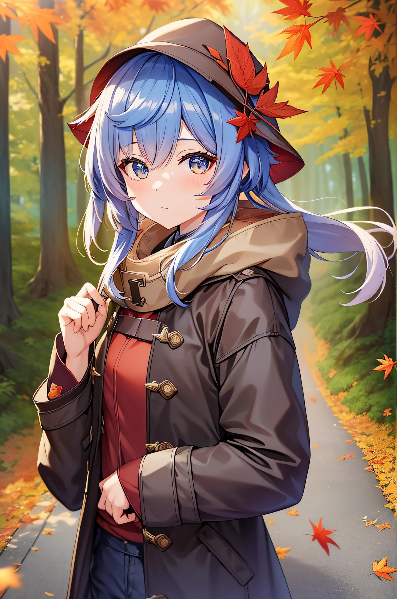 1girll,ganyu/(genshin impact/),the woods,maple leaves,((wind coat)),Forest path,stroll,autumnal,long trousers,((up-close)),upper body photo,detailed eyes,gradient eyes