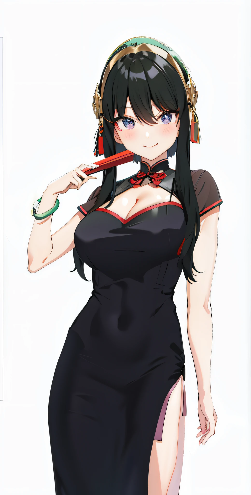 Anime girl in black cheongsam,Holding a folding fan,