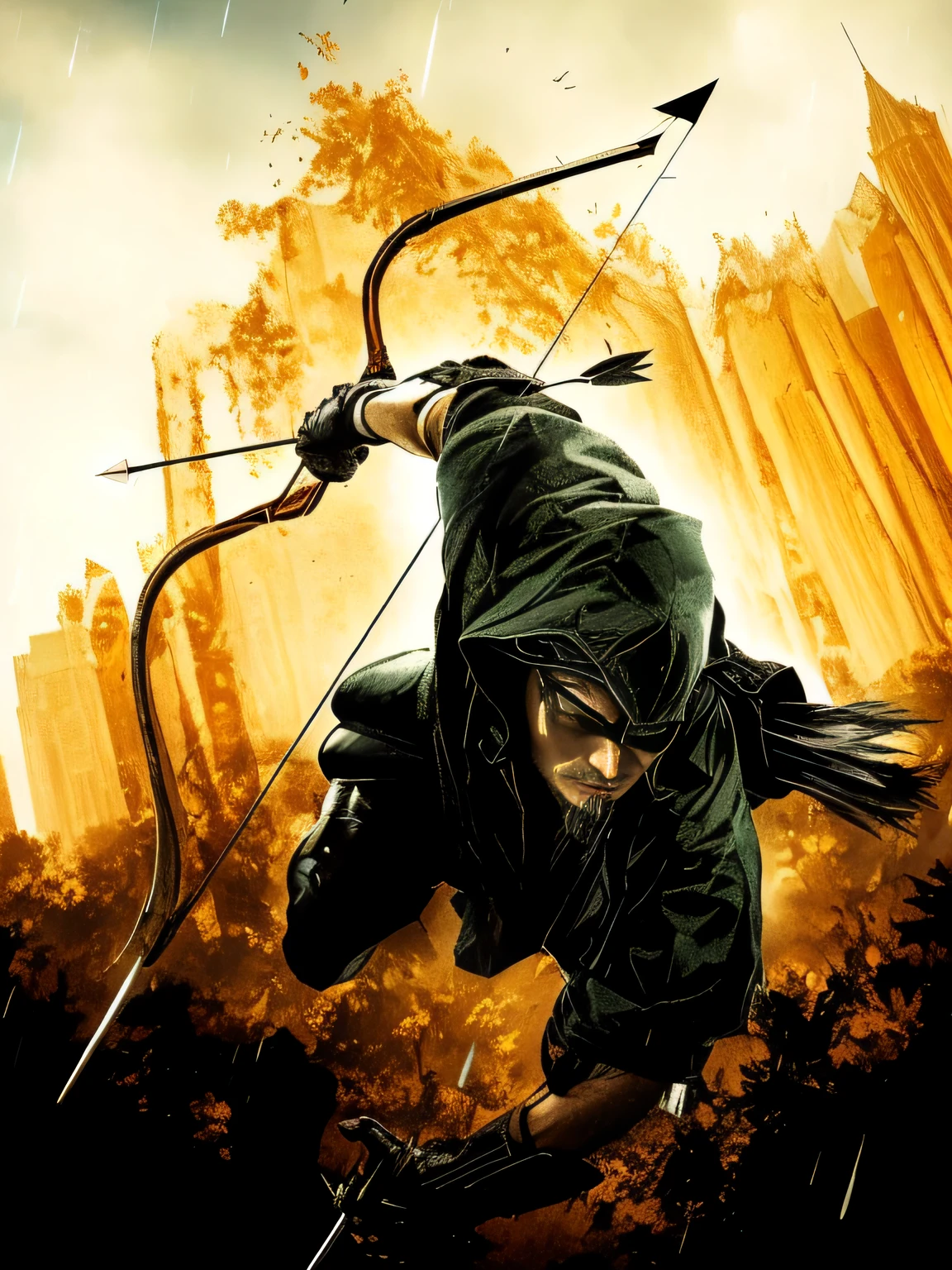 Arrows in the rain，holding a bow and arrow in his hands, arrow, Arrows,archer, k hd, Pair it with a cape, cover shot, tv series, hd phone wallpaper, Heroes, with bow and arrow,bow and arrows，European and American dark style，Doomsday Scenes，zombie，combats