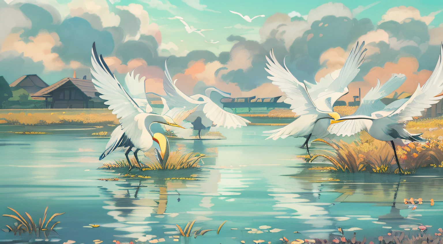 巨作,best qualtiy,Realistic,8K,offcial art,电影灯光,超高分辨率 ,National style,A flock of egrets,with blue sky and white clouds,lake water,phragmites