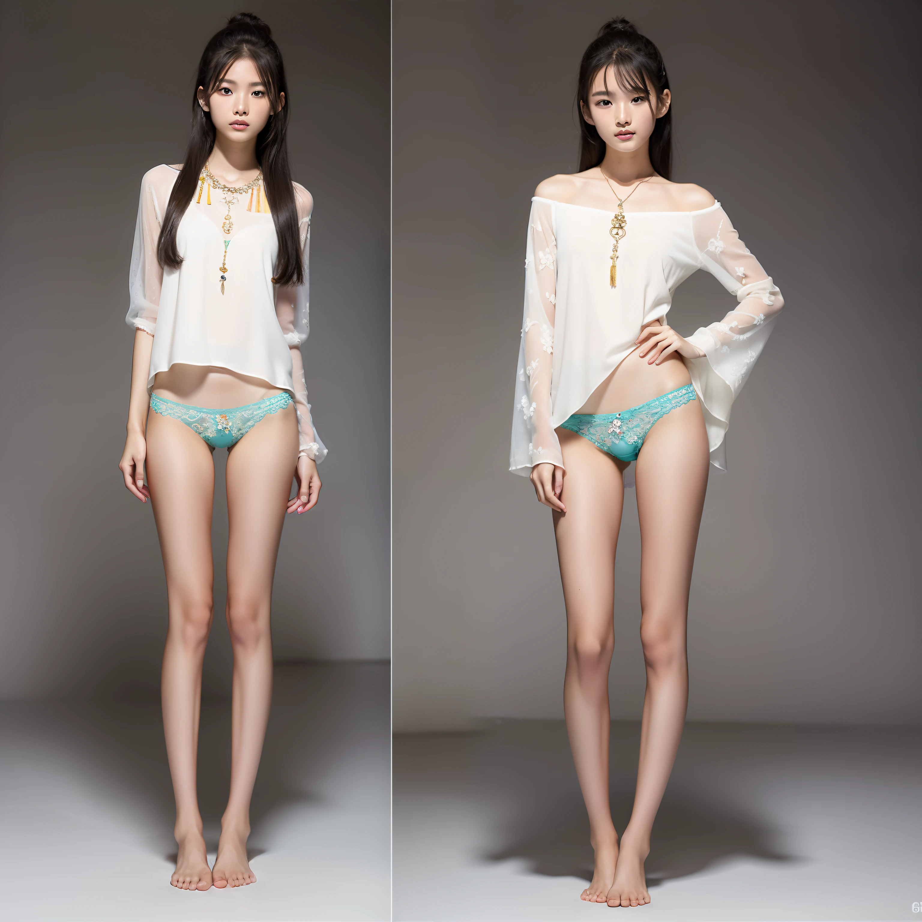 8K，Full body photo，A 14-year-old Asian woman，Wear underwear，jewelry，slimfigure，perfect bodies，Fashion show，Barefoot